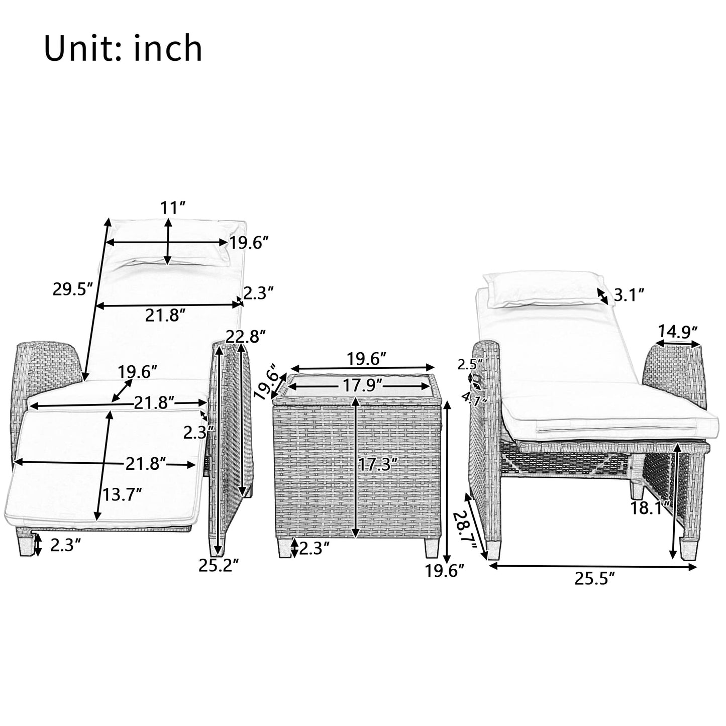 CHSICFOR Outdoor Rattan Patio Recliner Chairs, 2-Person Chairs with Coffee Table, Adjustable Backrest for Courtyard, Swimming Pool, Balcony (Grey)