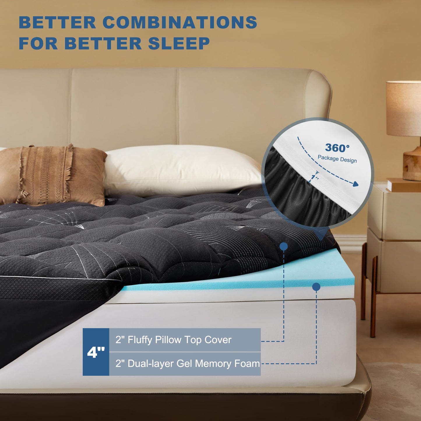 Bedlore 4-Inch Queen Mattress Topper for Back Pain - Dual Layer Medium Support (2" Gel Memory Foam + 2" Cooling Fluffy Pillow Top Pad), Breathable & Pressure Relief (Gray)