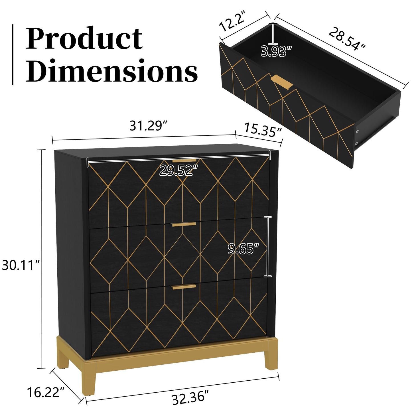 HLR 3 Drawer Dresser for Bedroom, Modern Wood Chest of Drawers with Gold Trim, Accent Dresser Storage Tower, Black Organizer Cabinet for Closet, Living Room, Hallway, Entryway