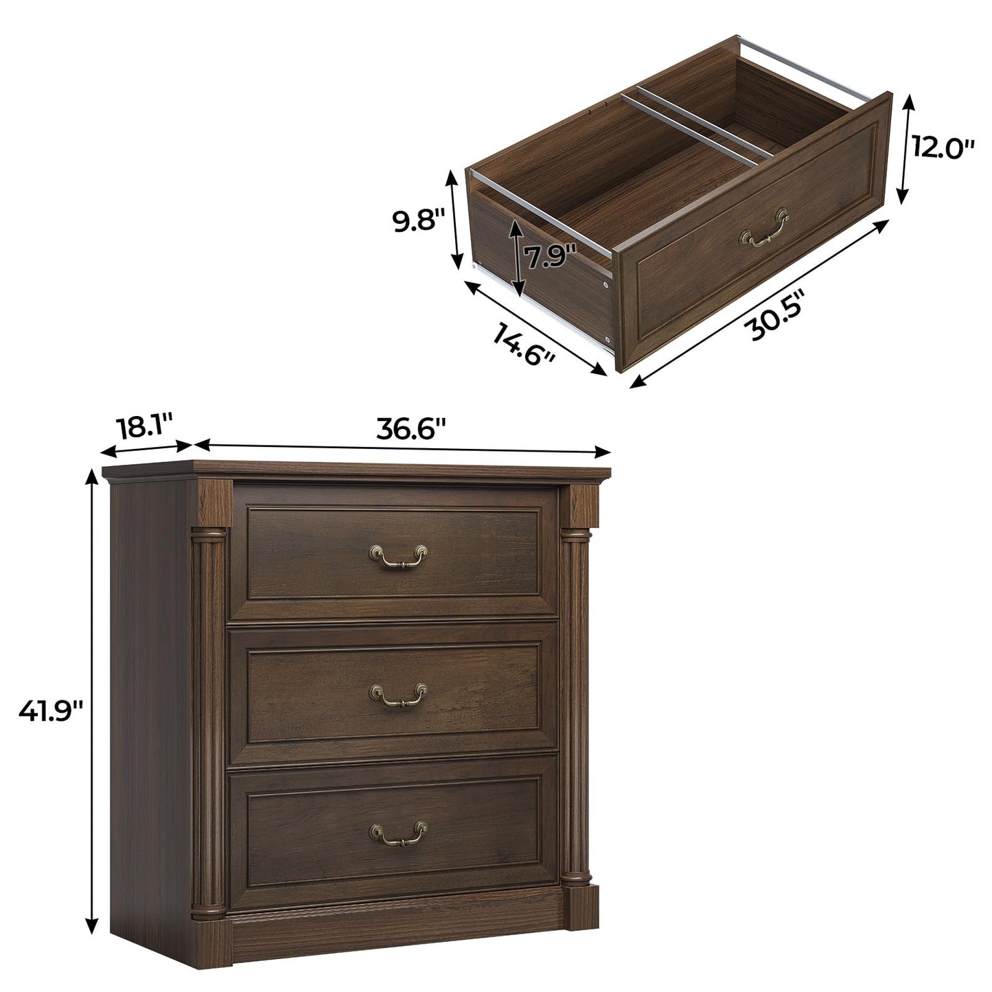 Sikaic 3 Drawer File Cabinet, Farmhouse Filing Cabinet for Letter/Legal Size, Wooden Extended Desktop, Wood Lateral File Cabinets with Printer Stand for Home Office, Framed Drawer Fronts, Retro Brown