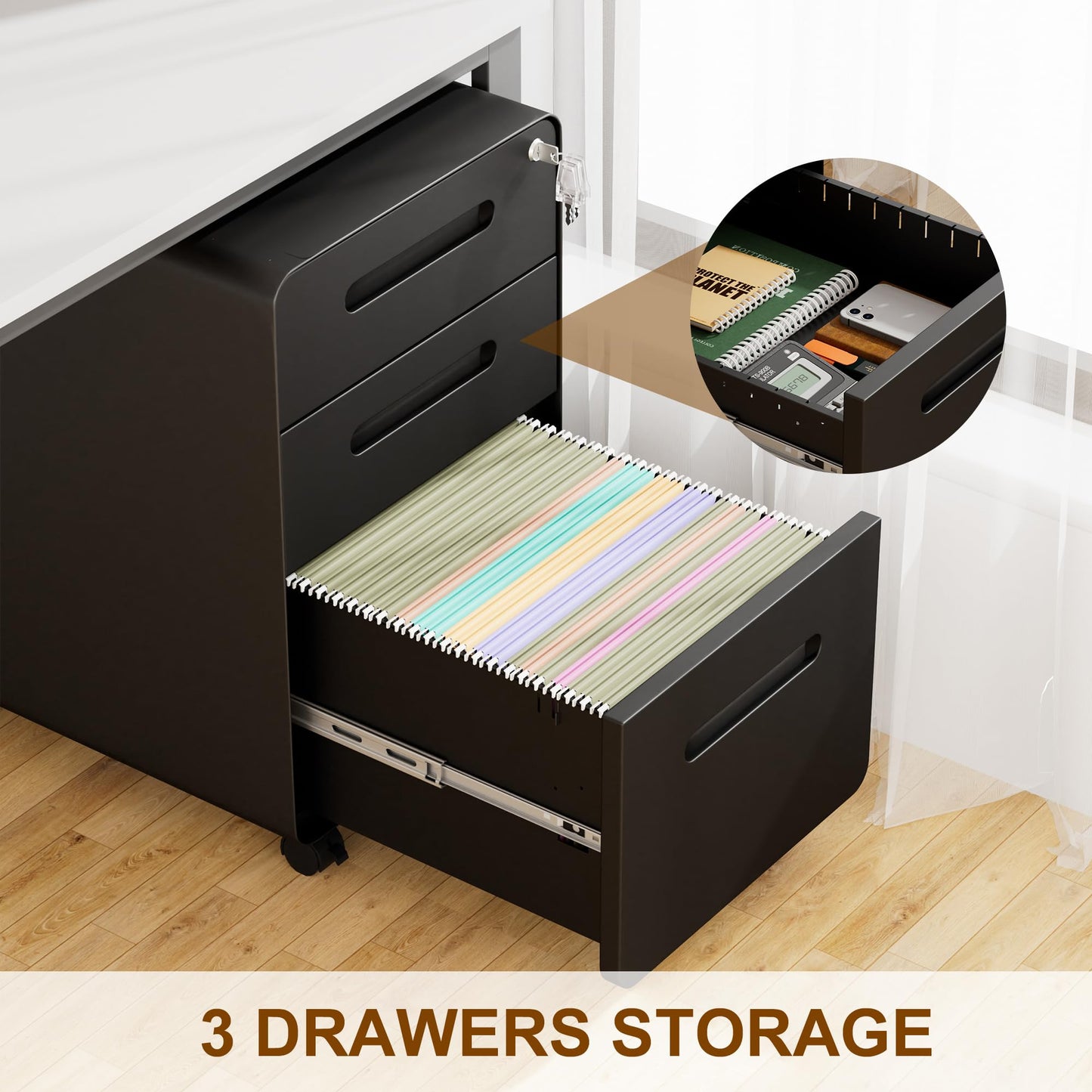 LVSTEEL 3 Drawer File Cabinet with Lock and 4 Keys, Mobile Metal Filing Cabinet, File Cabinets for Home Office, Under Desk, Pre-Assembly, File Drawer, Letter/Legal/A4 Hanging File Folders