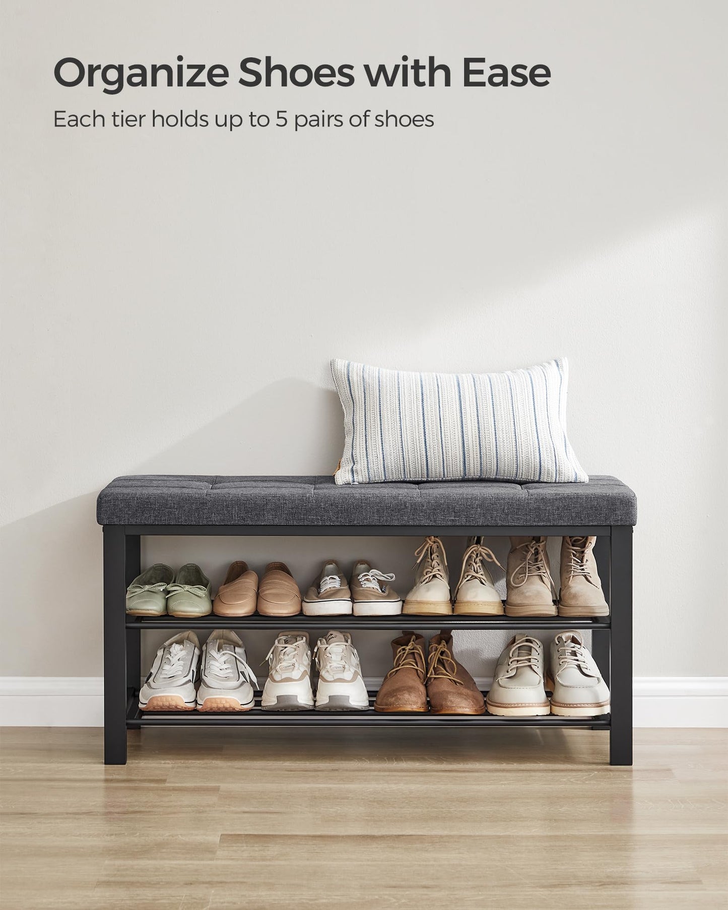 SONGMICS Shoe Bench, Storage Bench, Entryway Bench with Cushion, Shoe Shelf with Seat, Space-Saving, Modern Style, for Living Room, Bedroom, Hallway, Dark Gray and Ink Black ULBS579B33