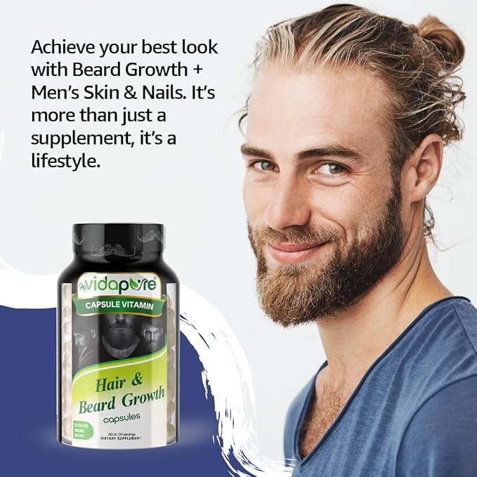 MYVIDAPURE Beard Growth + Men’s Skin & Nails – 5,000mcg Biotin – Vitamin C, D & B-Complex –Hydrolyzed Collagen Veggie Capsules – Non-GMO – Gluten-Free