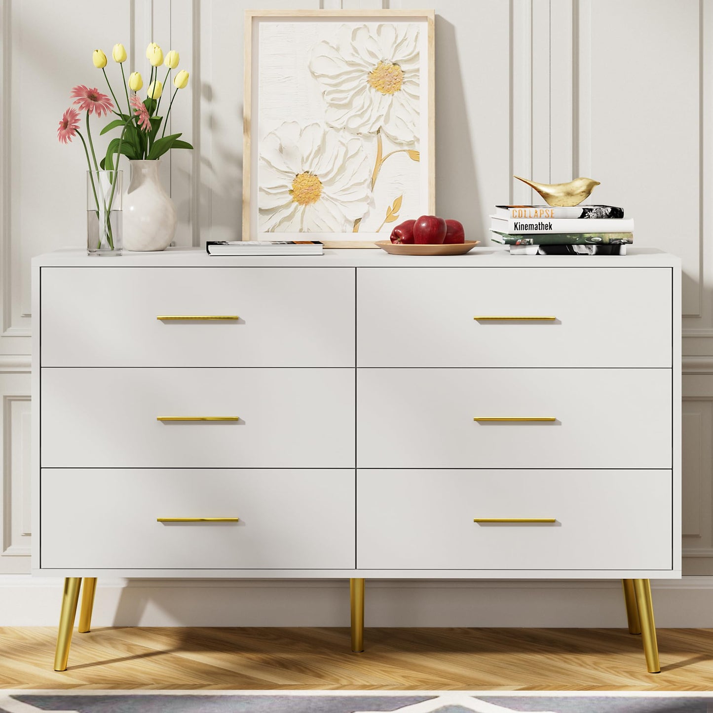 LYNSOM White Dresser for Bedroom, 6 Drawer Wood Double Dresser with Gold Handles, Modern Chest of Organizer Storage Drawers for Living Room, Hallway, Entryway
