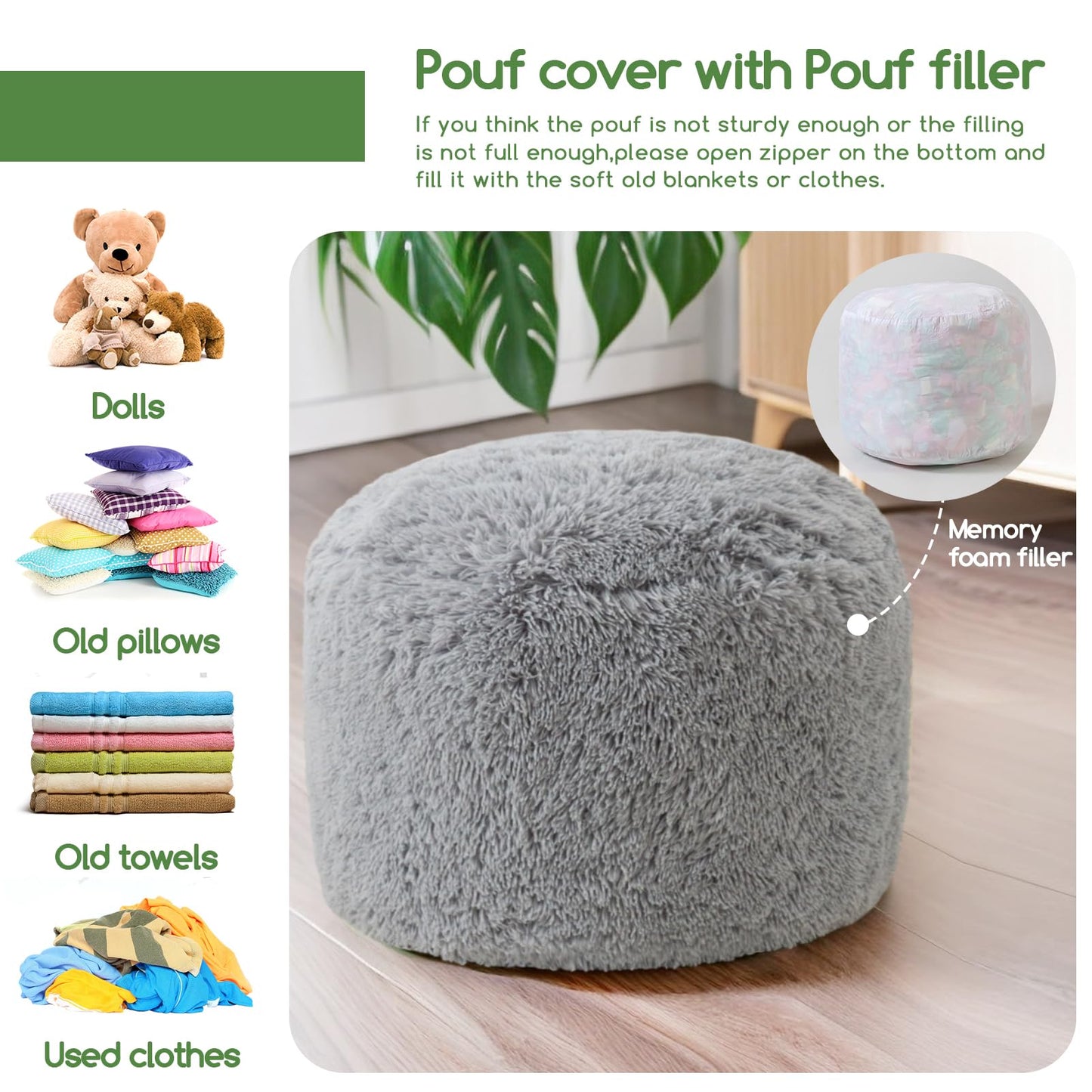 HIGOGOGO Round Stuffed Pouf Ottoman, Long Faux Fur Poufs with Foam Chunk Filling, Fluffy and Furry Pouf Foot Stool Storage Ottoman, 20 X 15 Floor Poufs Foot Rest for Living Room, Grey