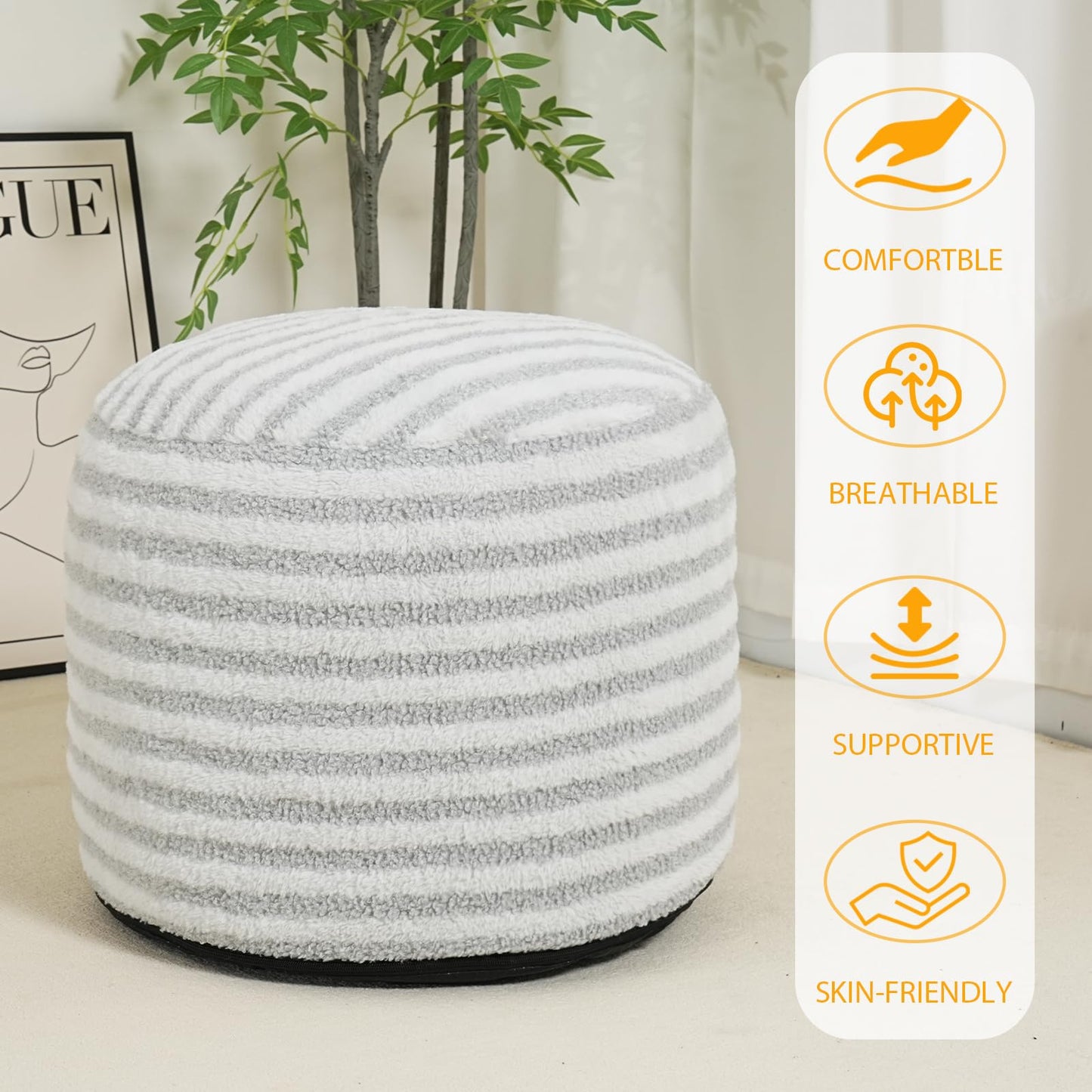 Homlazeezy Round Pouf Ottoman Stuffed Foot Stool Floor Chair Poufs for Living Room Bedroom, Faux Fur Poufs with Foam Chunk Filling, Storage Ottoman Pouf 20 X 15 Inch Boho for Couch, Gray & White