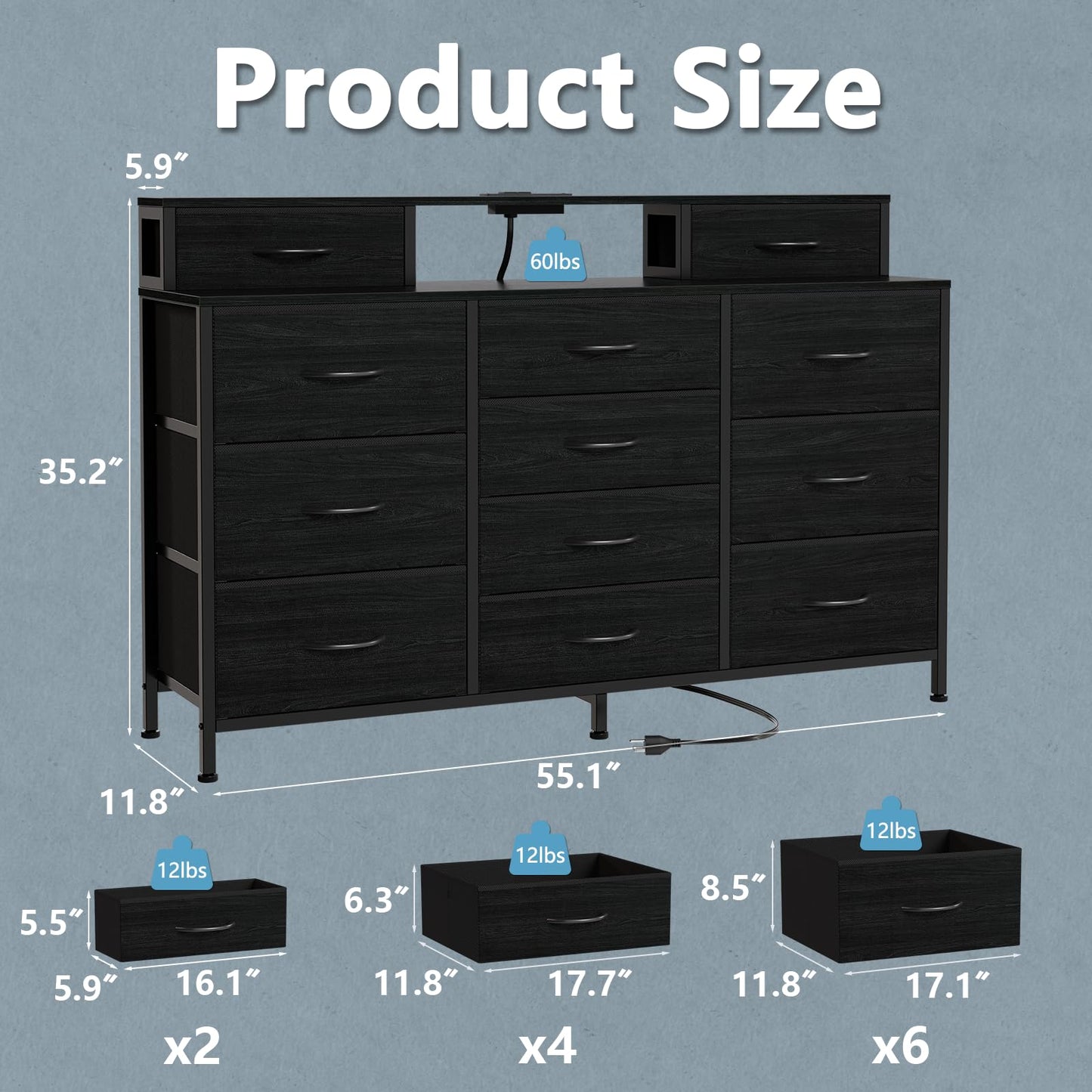 Furnulem 55" W Dresser for Bedroom with LED Lights and Power Outlets,Black Large 12 Storage Drawers Long Fabric Chests Dressers with 2 Shelves for Closet,Living Room,Entryway,Wooden Top,Metal Frame