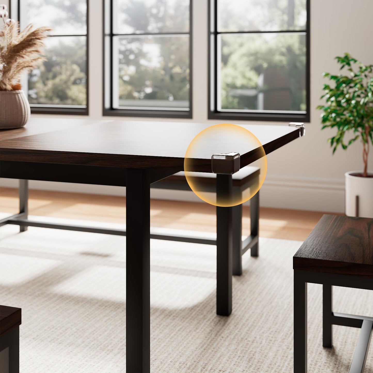 Einhomn 5 Pieces Dining Room Table Set for 4-6, 63' Extendable Kitchen Table Set with 2 Benches & 2 Stools, Small Dining Table Set with Metal Frame & MDF Board, Espresso