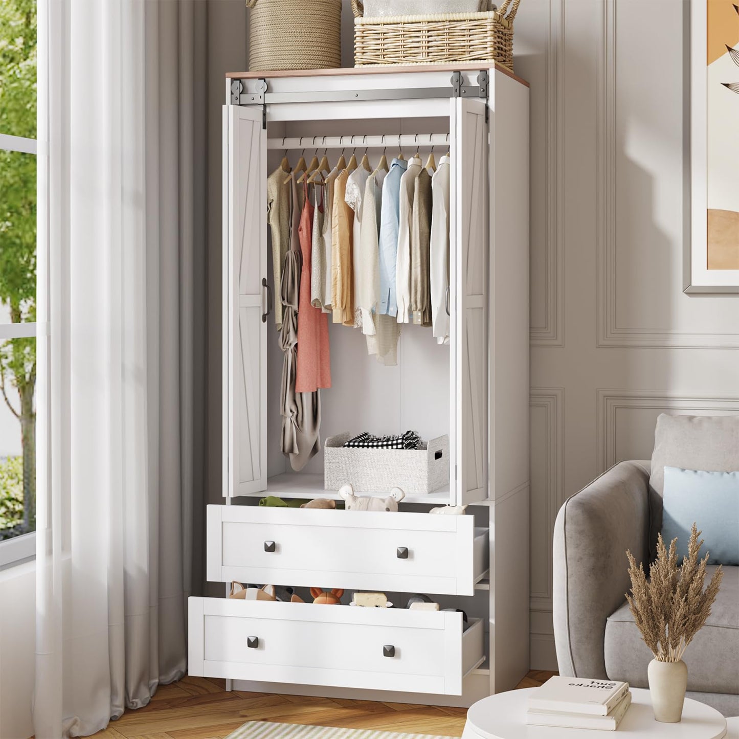 Maupvit Farmhouse Armoire with 2 Folding Sliding Barn Doors and Drawers 70.9" Tall Wooden Bedroom Wardrobe Closet with Spacious Storage Cabinet with Hanging Rod for Bedroom, White
