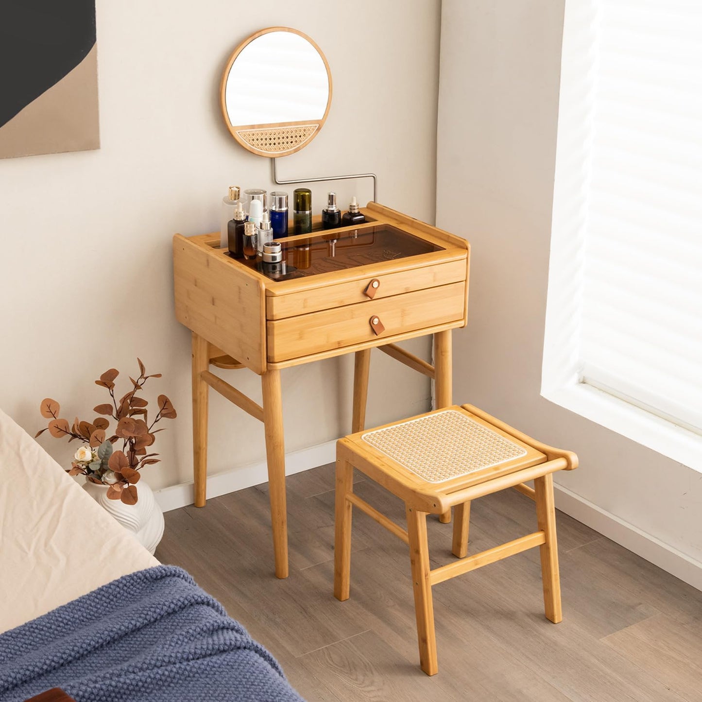 Generic Byroce Boho Vanity Desk, Makeup Vanity Table Set w/Mirror, Modern Vintage Dressing Table w/ 2 Drawers & Jewellery Display Tabletop, Rattan & Bamboo Style (Table & Stool Set), Natural