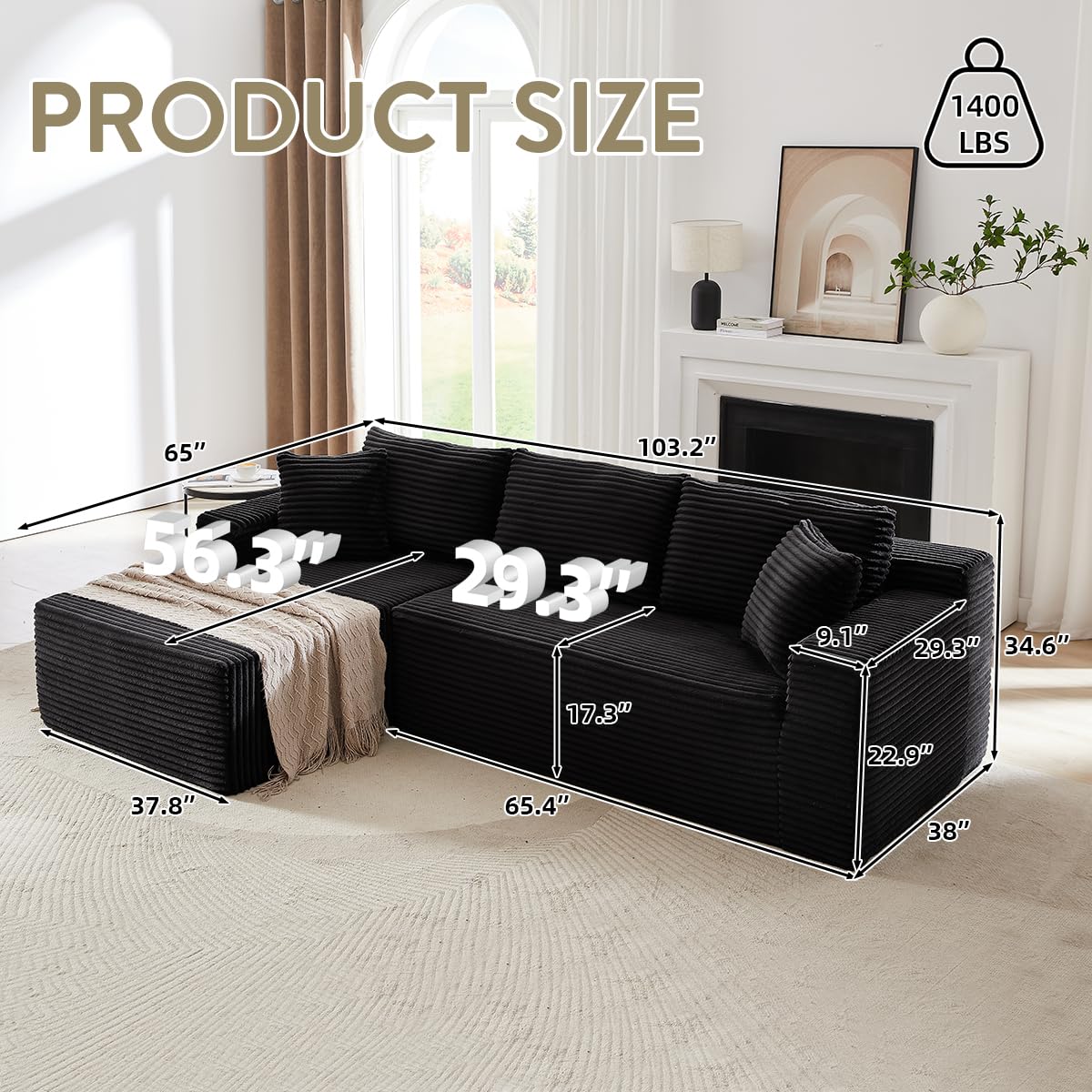 104 Inch Cloud Sectional Couch with L-Shape Chaise,Modern Upholstered Couches with Deep Seat,Corduroy Sponge Compressed Sofa for Living Room,No Assembly Required (Black)