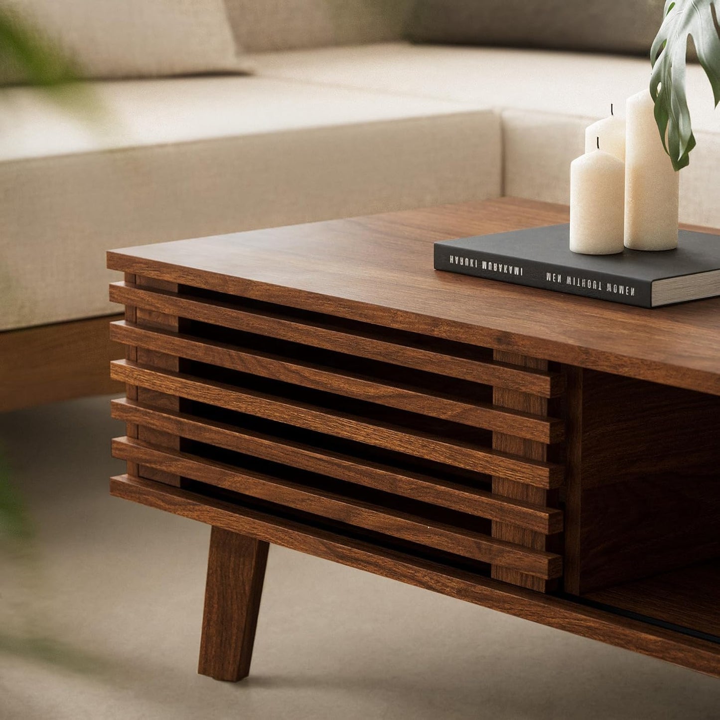 MAISONARIA Living Room Table Sets of 2, Mid Century Coffee Table & Dresser TV Stand, Sliding Door Coffee Table with Storage, Modern TV Stand for Bedroom, Living Room (Walnut)