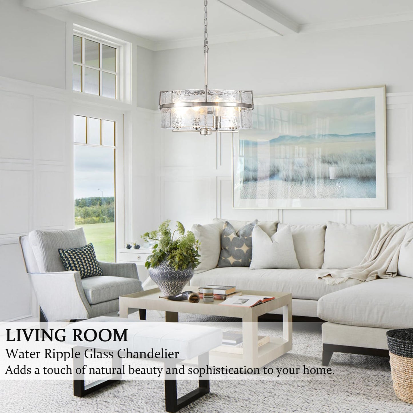 DWLGIGH Modern Drum Chandeliers for Dining Room,19.7" Water Ripple Glass Chandelier Over Table Brushed Nickel Crystal Pendant Light Fixtures for Hight Ceiling Living Room Entryway Bedroom Kitchen,E26