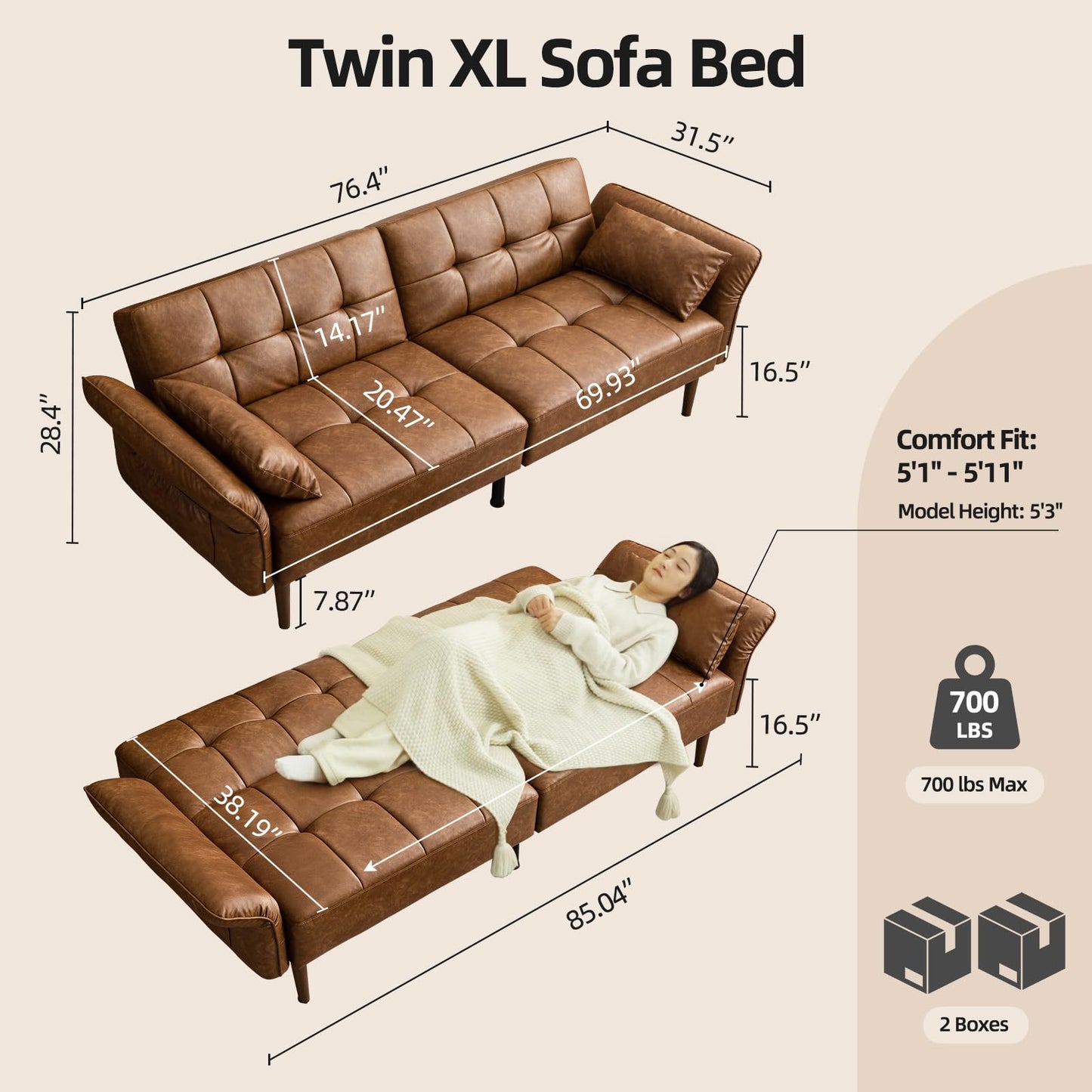 HALLYBEE 85” Futon Sofa Bed, Sleeper Sofa, Small Couch with Storage Adjustable Armrests Pillows, Faux Leather Loveseat, Mid Century Modern Couches for Living Room, Bedroom, Apartment, Brown