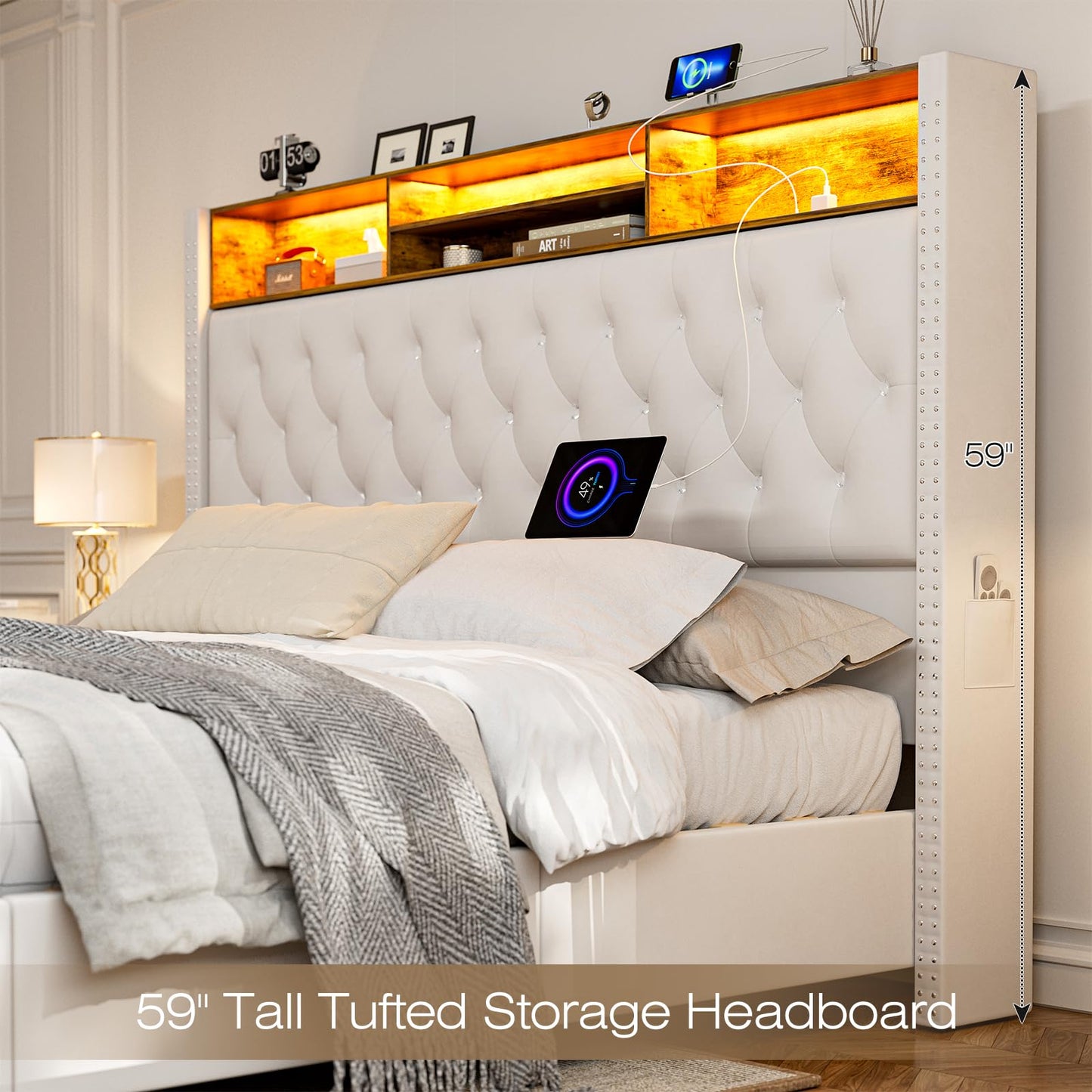 CIKUNASI Upholstered King Size Bed with Headboard & Storage - 60" Tall with 2 Drawers, Tufted Wingback Bed w/ LED Light & Charging Station - No Box Spring Needed