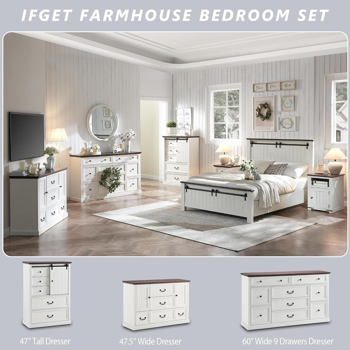 IFGET Farmhouse 5 Drawers Dresser for Bedroom, Wood Rustic Storage Organizer Closet Chest, Chest of Drawers w/Groove Barn Door&Shelf for Closet, Living Room, Dining Room, Hallway-White