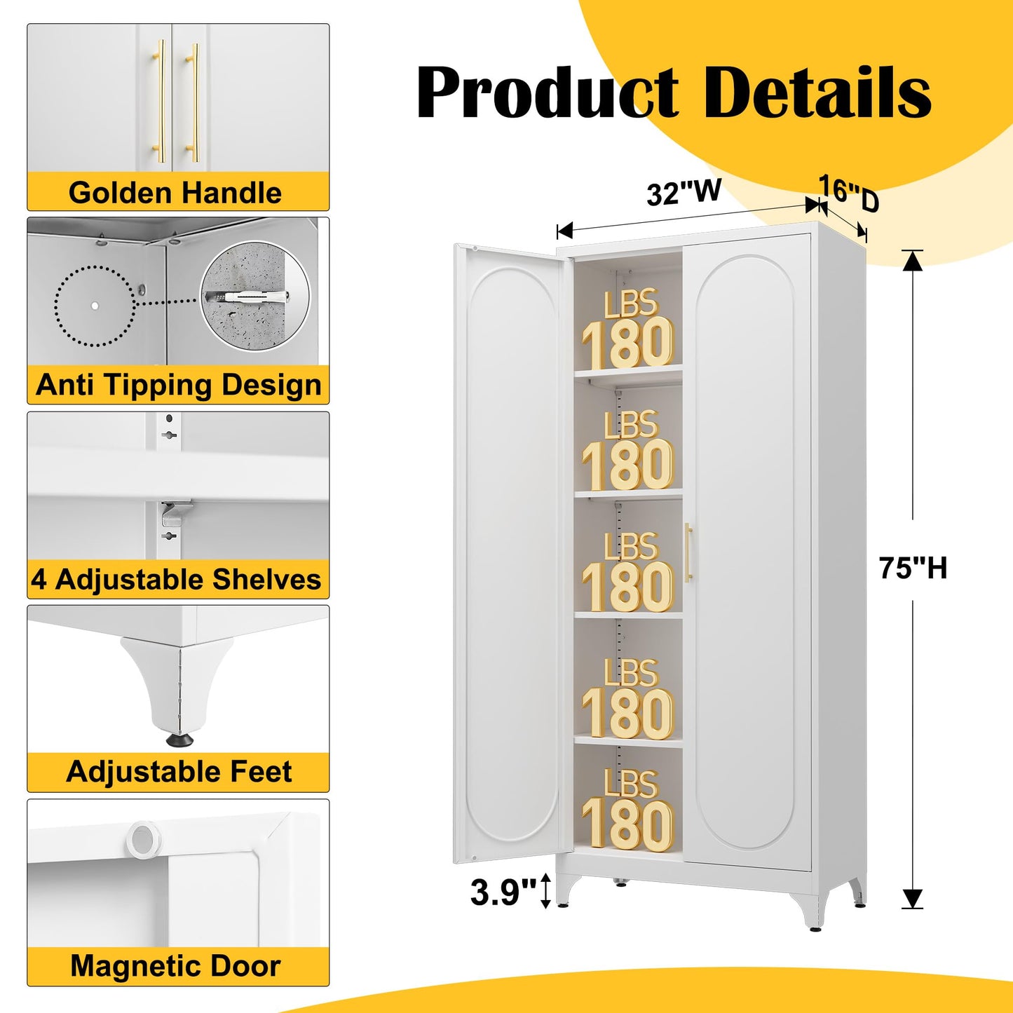 Metal Storage Cabinet with Doors and Shelves,75 Inch White Pantry Cabinets for Kitchen Storage,Tall Kitchen Pantry Cabinet for Living Room, Dining Room
