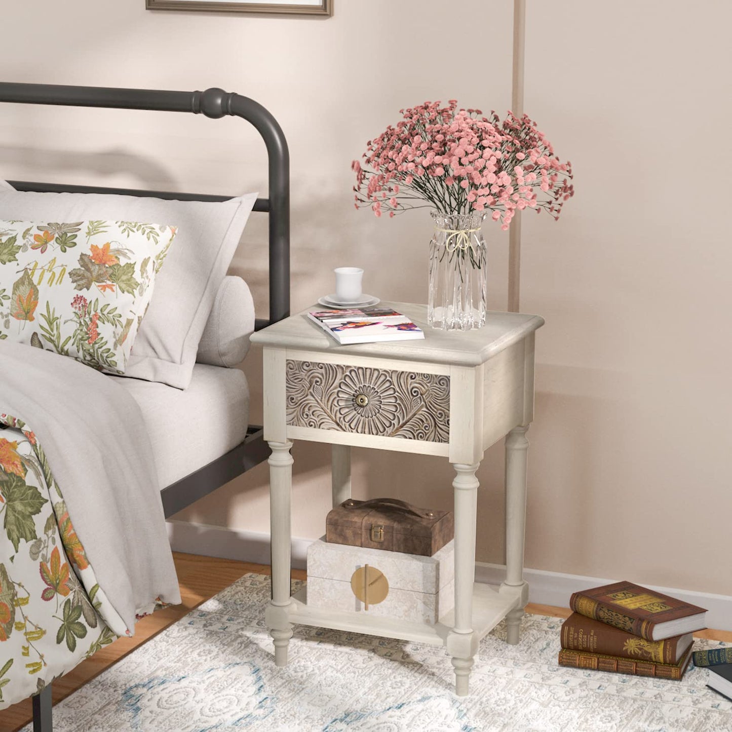 SUNBURY Vintage Nightstand Set of 2, Wood Small Bedside Table with Drawer and Open Shelf, Shabby Accent End Side Table for Living Room, Bedroom