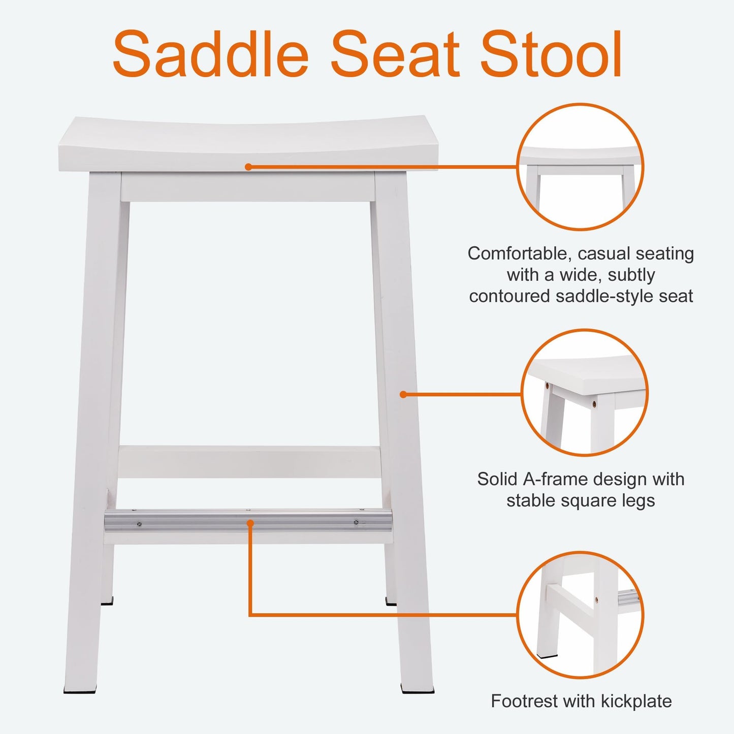 Elevon Solid Wood Saddle-Seat Kitchen Counter-Height Stool, 24-Inch Height, White - Set of 2
