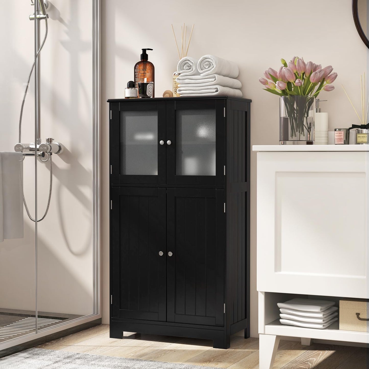POWERSTONE Bathroom Storage Cabinet, Freestanding Floor Cabinet Organizer with Glass Doors & Adjustable Shelf, Wooden Kitchen Pantry Cupboard for Living Room, Bathroom, Office, Entryway (Black)