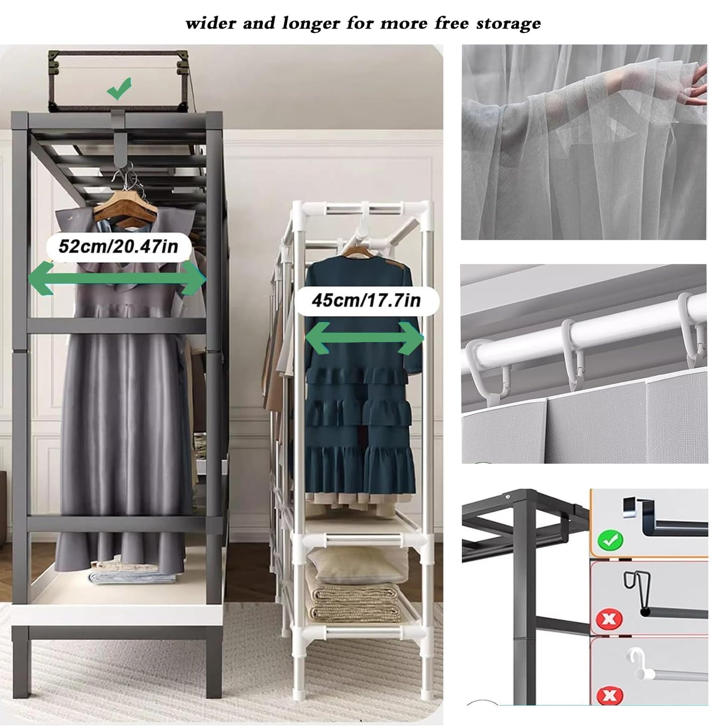 Dawselod Foldable Clothe Rack with Cover Heavy-Duty Portable Wardrobe Closet for Bedroom Armoires Freestanding Clothing Coat Storage Rack Garment Rack for Hanging Clothes (125cm/49.2in(Full Hanging))