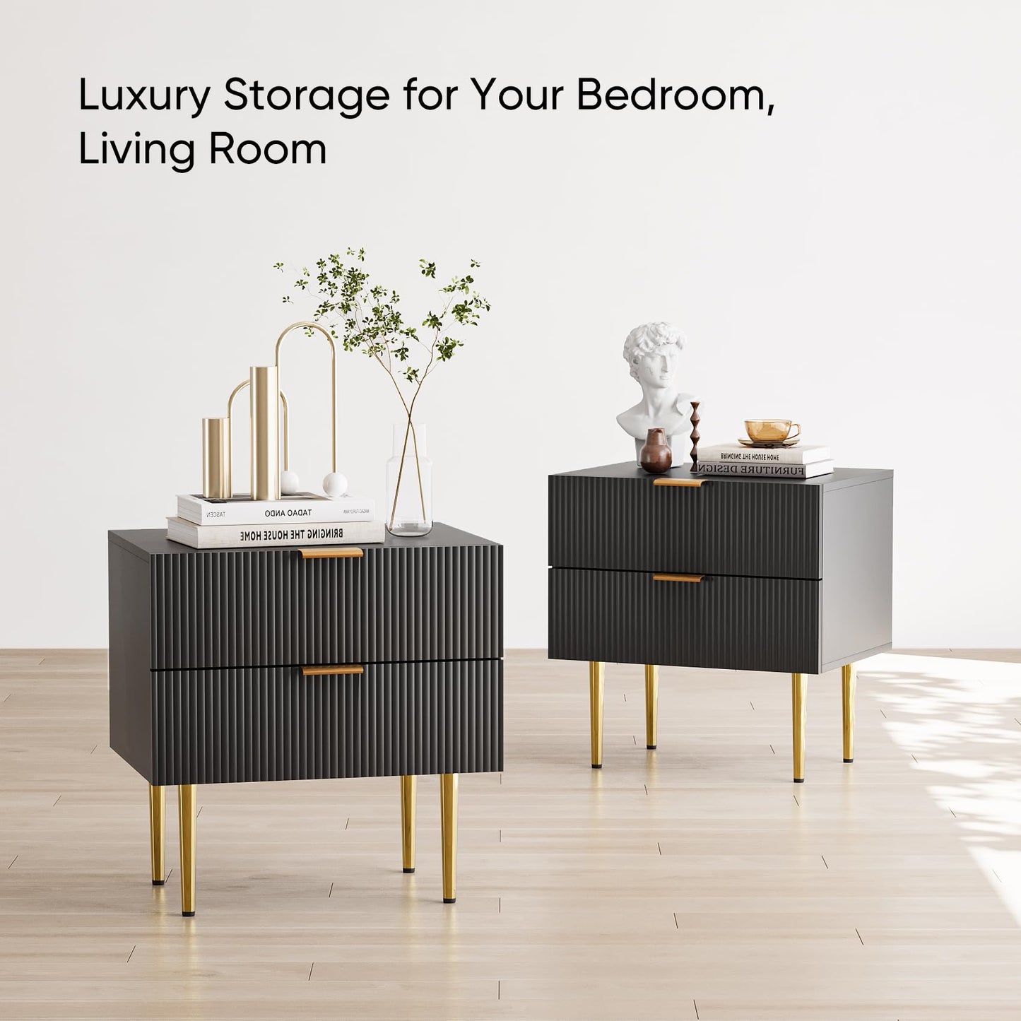 Algherohein Black Nightstand for Bedroom, Fluted Night Stand, End Table for Living Room, Mid Century Modern Bedside Table with Drawers, Bed Side Table with Gold Metal Legs, Bedroom Furniture Stripe