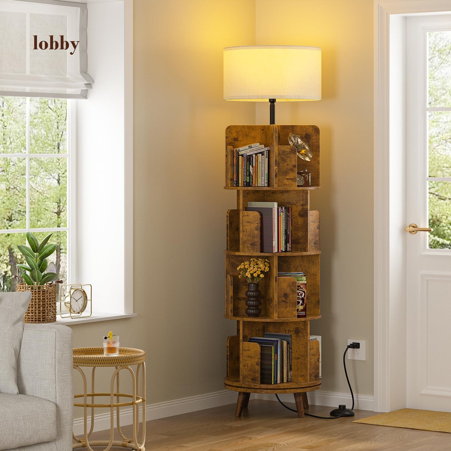 TVU Rotating Bookshelf with Light, 360 Degree Spinning Book Shelf Tower, 4-Tier Circular Bookcase for Small Spaces, Fits Any Corner, for Study、Living Room、Bedroom、Office, Flame Finish