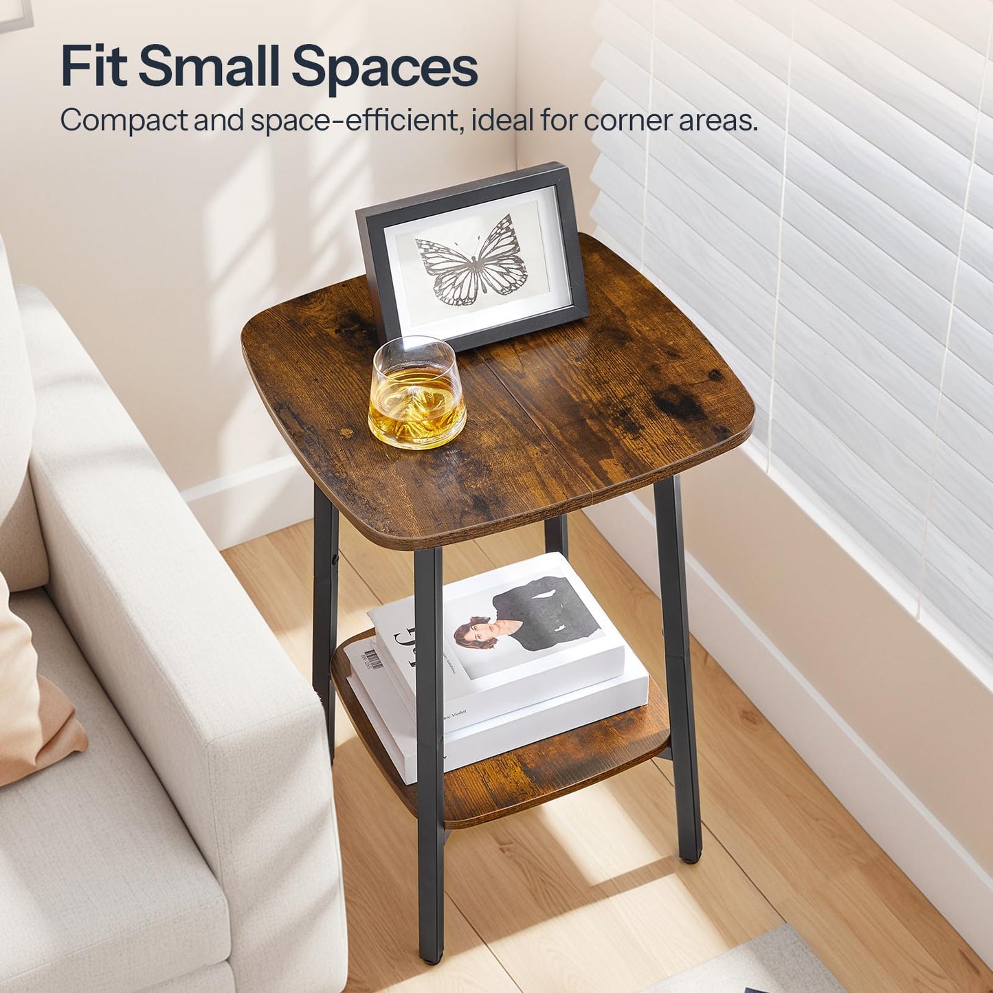 HOOBRO Side Table, 2-Tier Square Sofa End Table, Small Storage Nightstand, for Small Spaces, Living Room Bedroom Accent Table, Rustic Brown and Black BF181BZ01