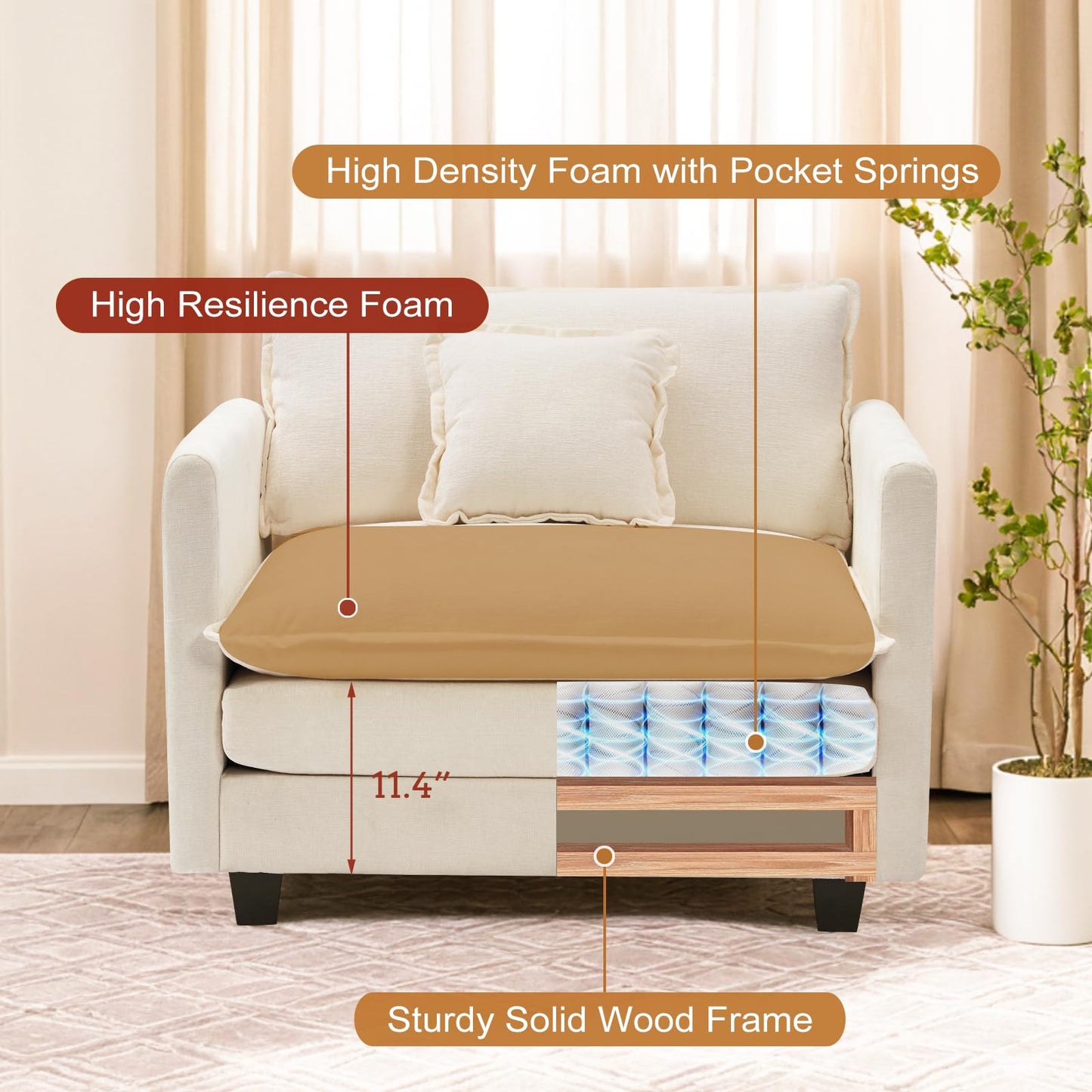 Furniliving Oversized Accent Chair with Ottoman, Luxury Chenille Single Sofa, Upholstered Deep Seat Chaise Lounge with Pillows for Living Room, Bedroom, Apartment, Beige