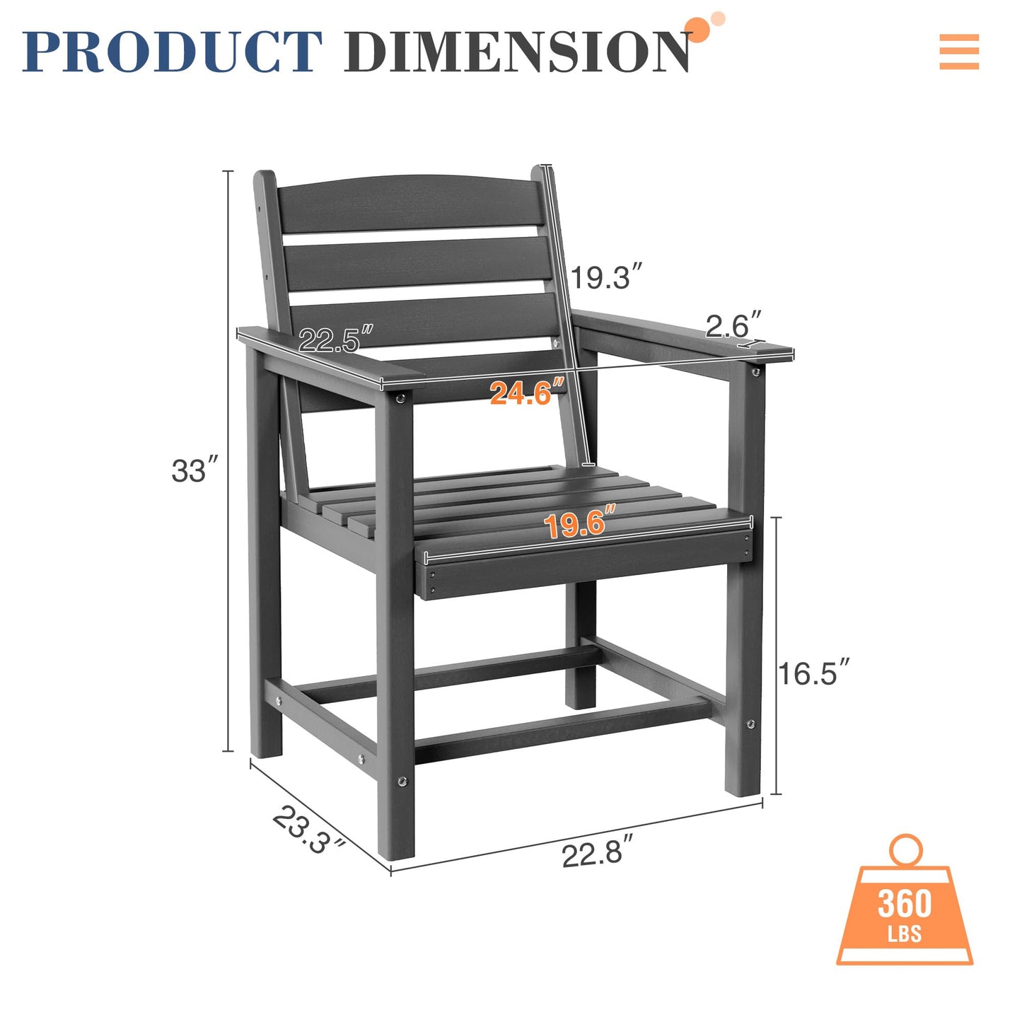 UDPATIO All-Weather HDPE Patio Chairs Set of 2, Oversized Outdoor Dining Chairs with 400 lbs Weight Capacity, Easy to Assemble, Gray