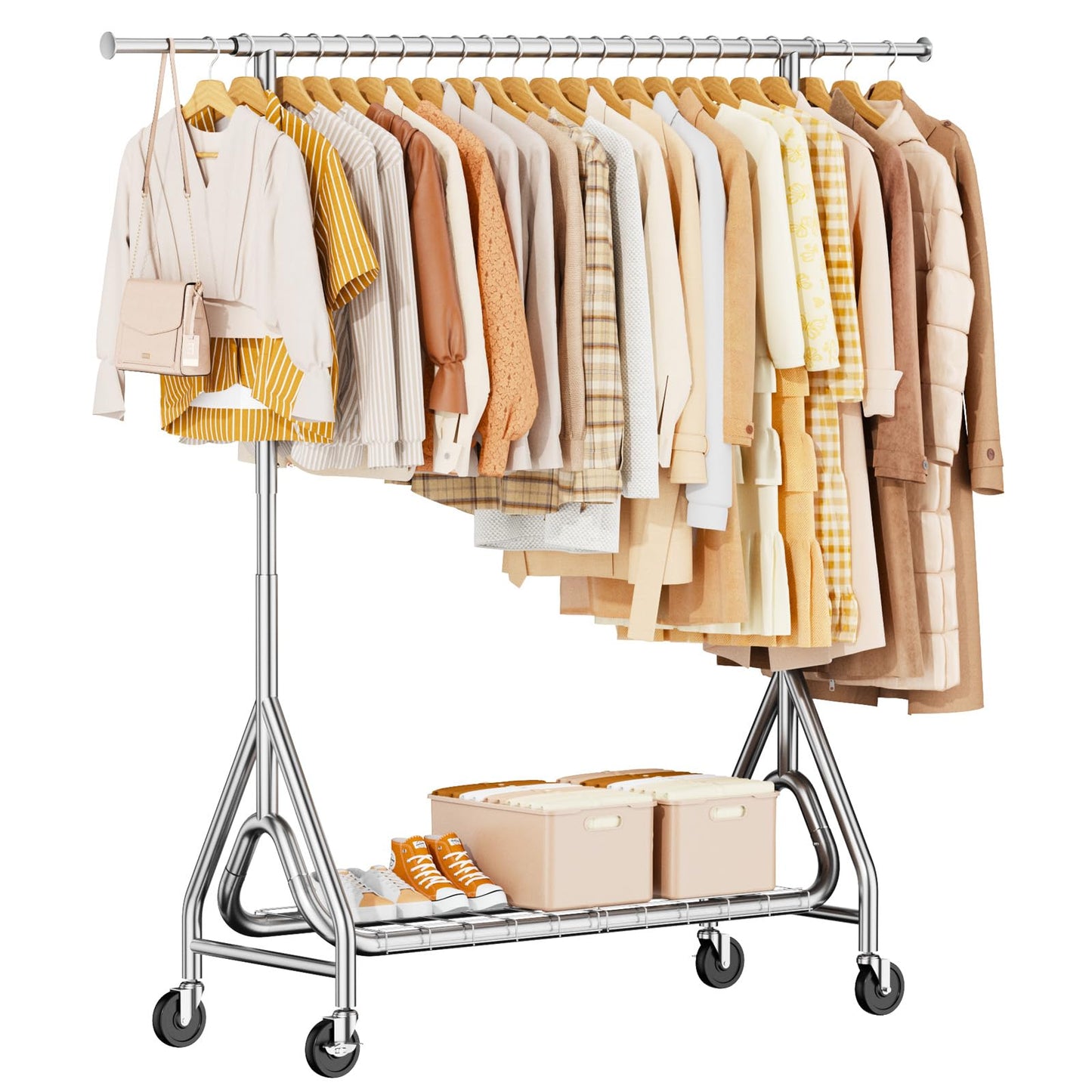 JIEJIERUI Heavy Duty Clothing Rack, Metal Clothes Rack Load 450 LBS, Rolling Coat Racks for Hanging Clothes with Lockable Wheels, Wardrobe Closet Garment Racks for Bedroom, Silver