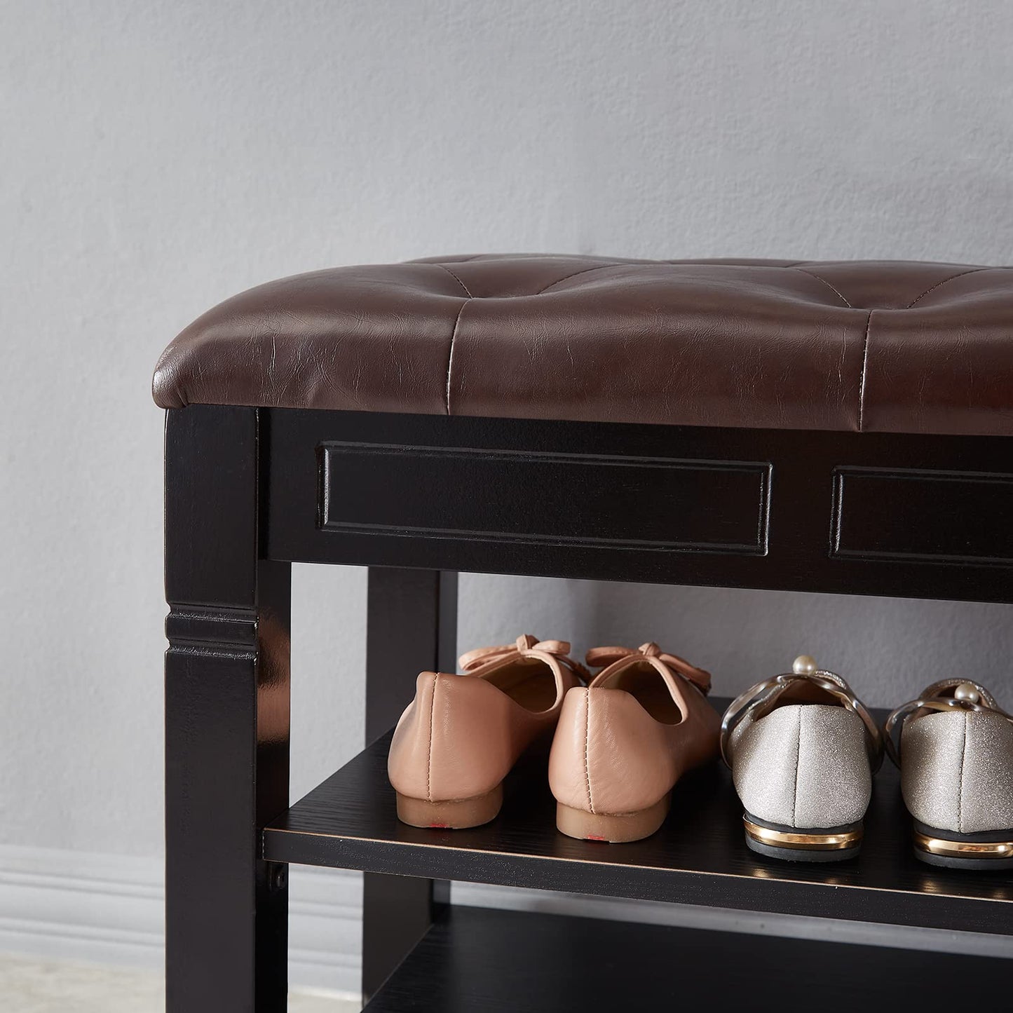 ZIRKOOON Shoe Storage Bench, Entryway Shoe Rack with Fiberleather Seat 2-Tier Lift Top Organizer Wooden Shoe Bench for Entryway Hallway Living Room (Black 39.4x13.8x18.9'')