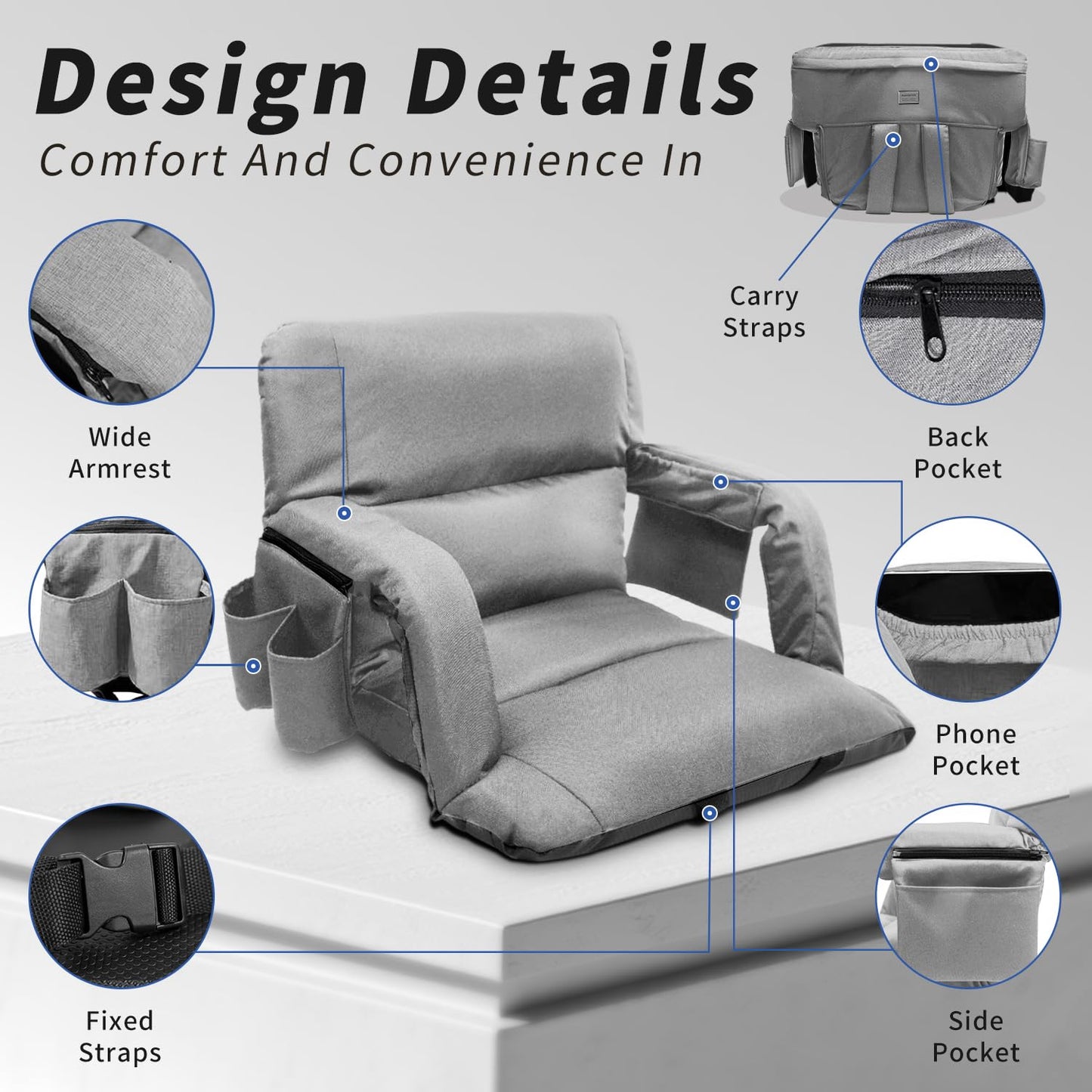 Stadium Seats with Back Support,Wide Stadium Chairs with Back and Cushion, Sofa Style Bleacher Chairs, 6 Reclining Positions, Extra Thick Bleacher Seat for Sports Events (Grey-1 Pack,Wide|22.5")
