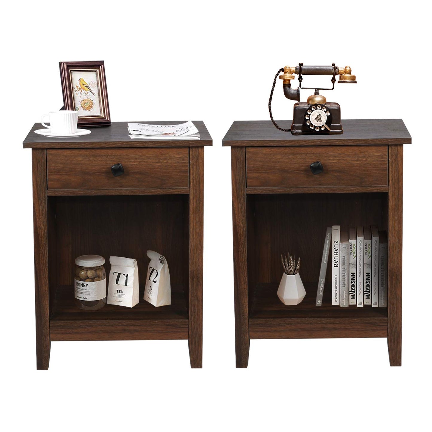 GBU Bedroom Nightstands - Set of 2 Wooden Night Stands with Drawer for Home Bedside End Table Large Storage Furniture, Brown Wood Grain 18.11 in x 15.75 in x 23.62 in