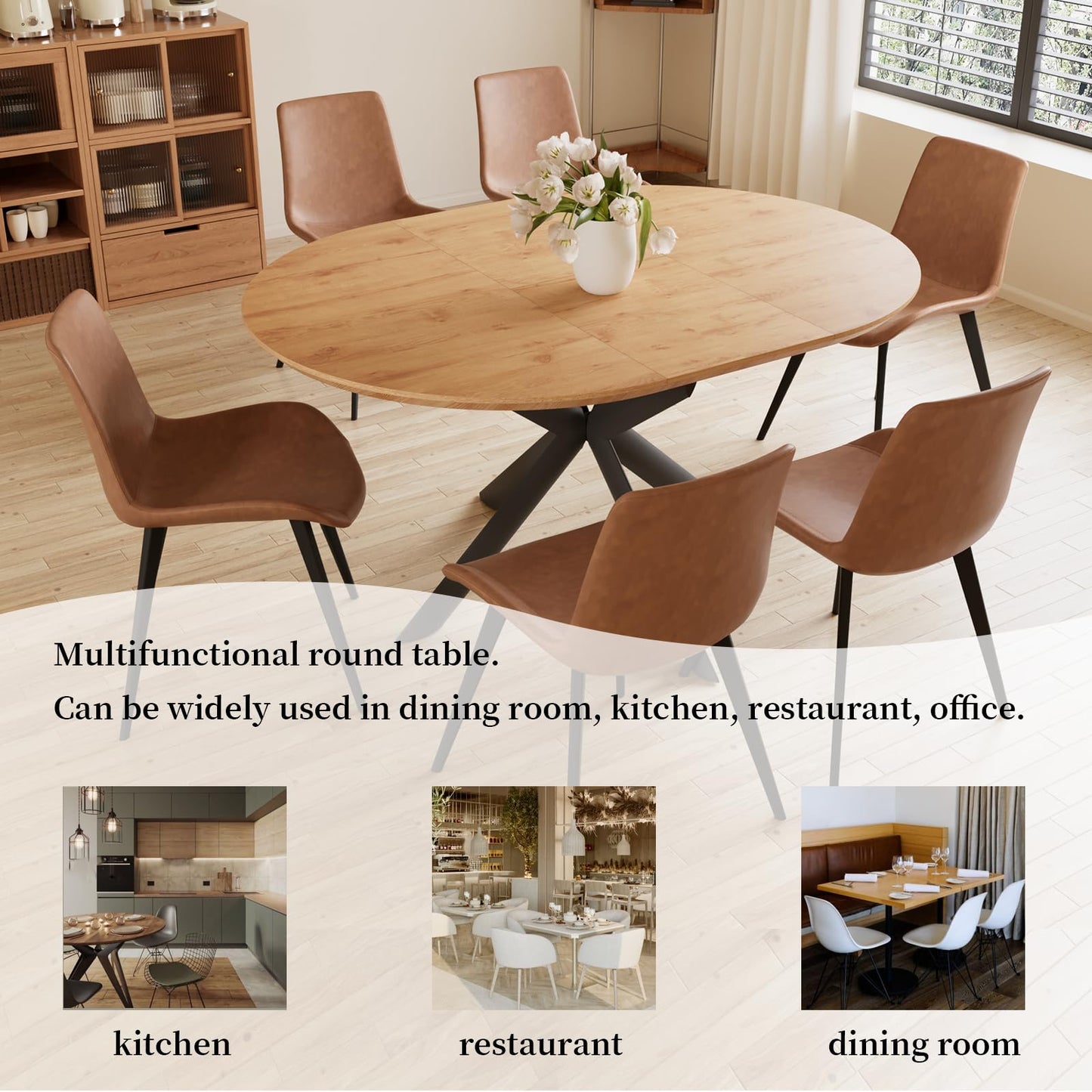 HIPIHOM 43.2"-59.1" Extendable Round Dining Table Set, Mid Century Wooden Round Kitchen Table, Oak Coffee Table for 4-6 Person,PU Leather Chair
