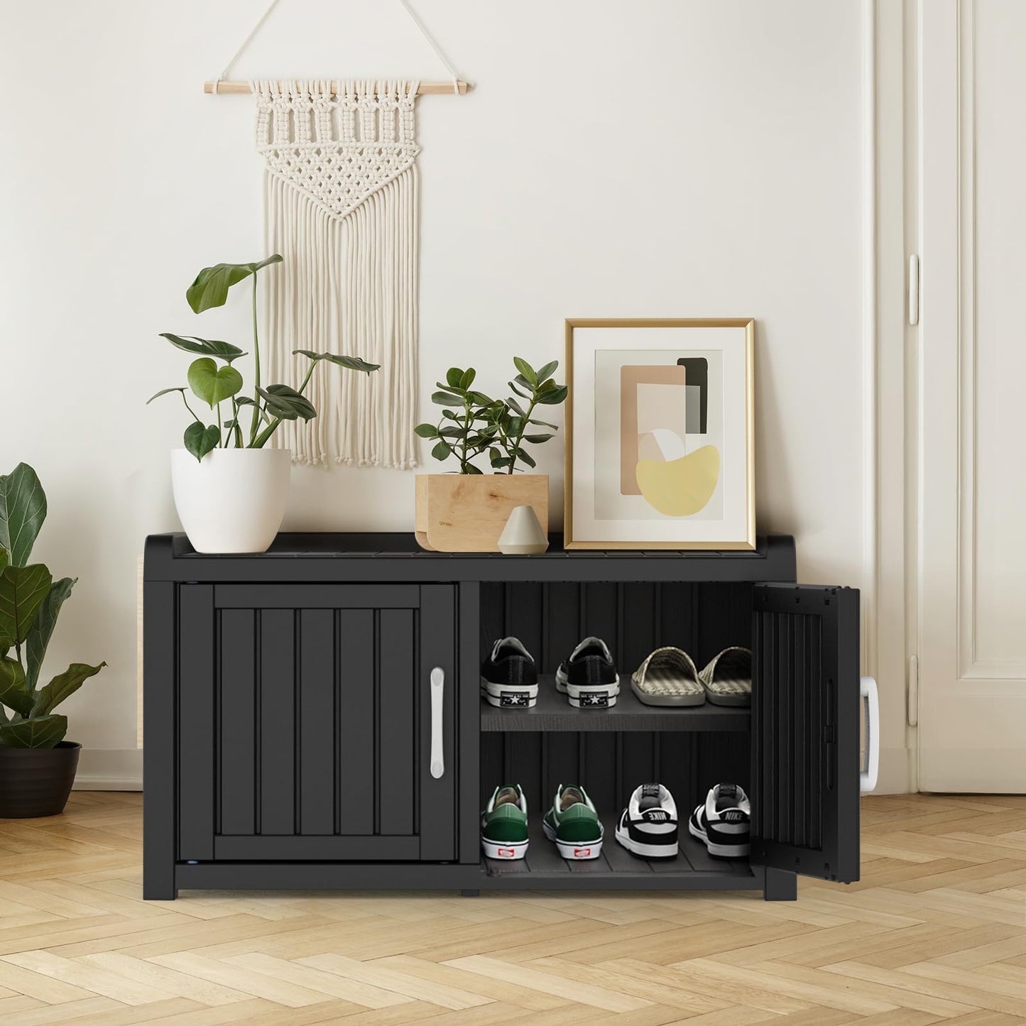 ROJIK Shoe Cabinet Waterproof UV-Resistant,Storage Bench Indoor Outdoor with Adjustable Shelves,for Entryway Bedroom,Hallway,Living Room(Double Door,Black)