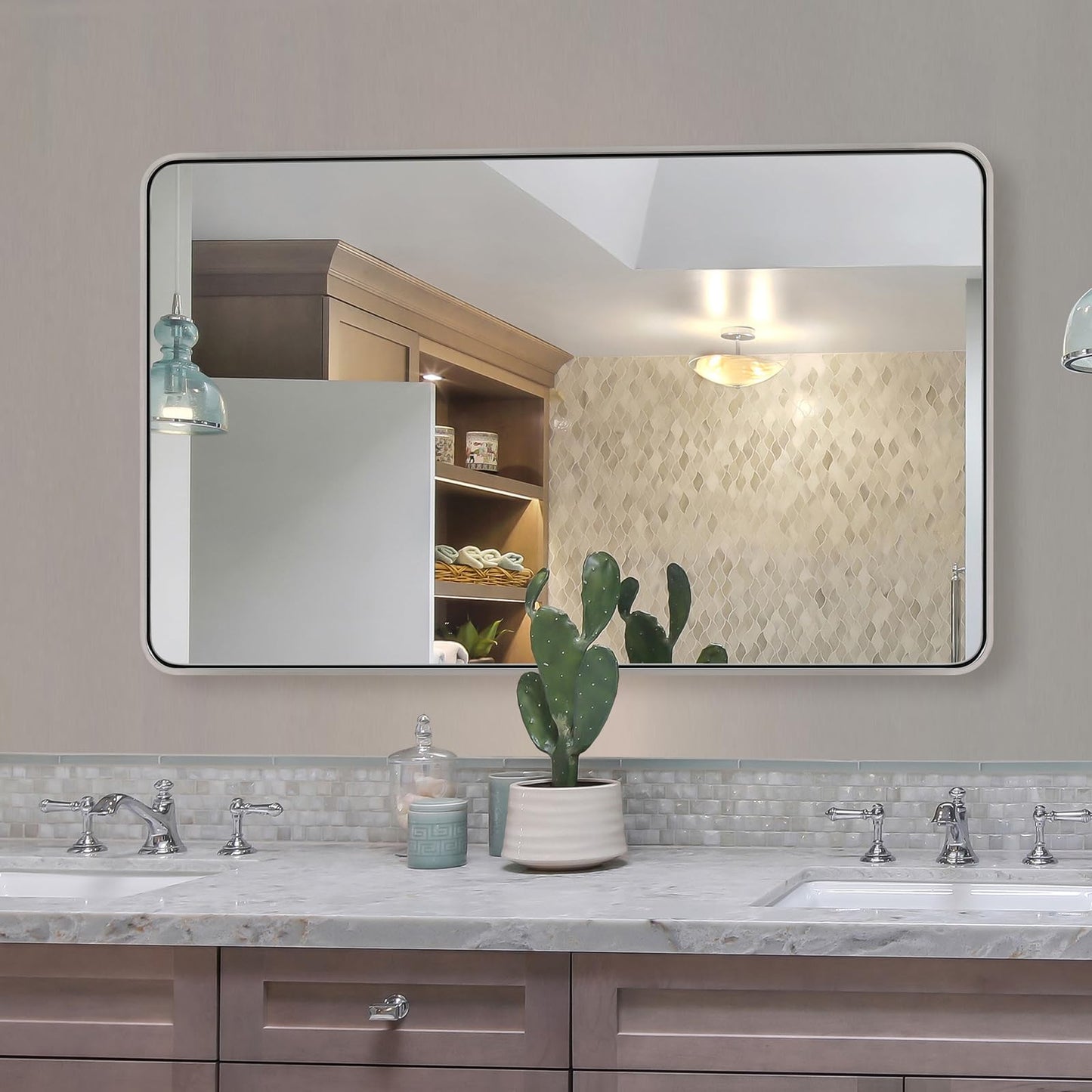 ANDY STAR 48”X30” Brushed Nickel Mirrors for Bathroom, Modern Rounded Rectangle Bathroom Vanity Mirror, SUS304-Anti-Rust Metal Frame Mirror, Wall Mounted Horizontal/Vertical 1’’ Deep