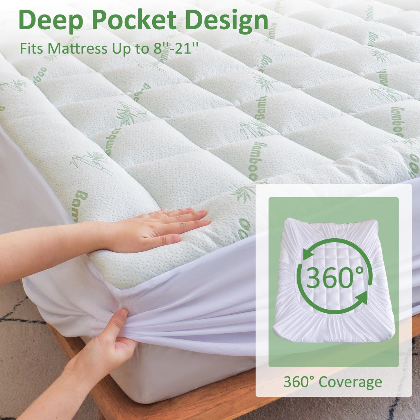 Bioeartha Mattress Topper King Size - Viscose Made from Bamboo Cooling Pillow Top Mattress Pad for Back Pain Relief - Breathable Mattress Protector Deep Pocket Mattress Cover Fits 8-21 Inch
