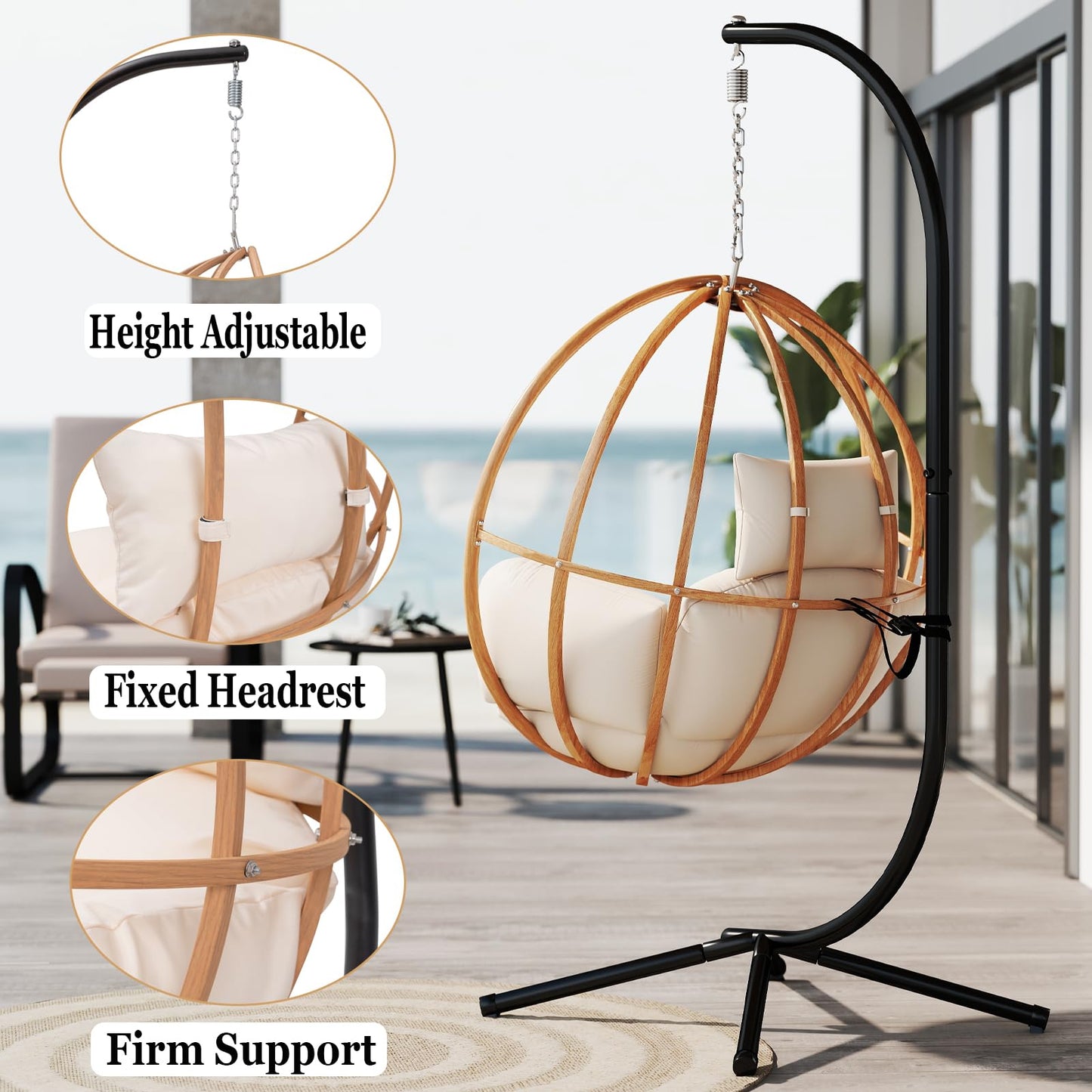 DAYAOUTDOOR Hanging Egg Chair with Stand, Egg Swing Chair Outdoor for Balcony, Patio Hanging Egg Chairs with Cushions for Relaxation in Bedrooms, Gardens, Beige