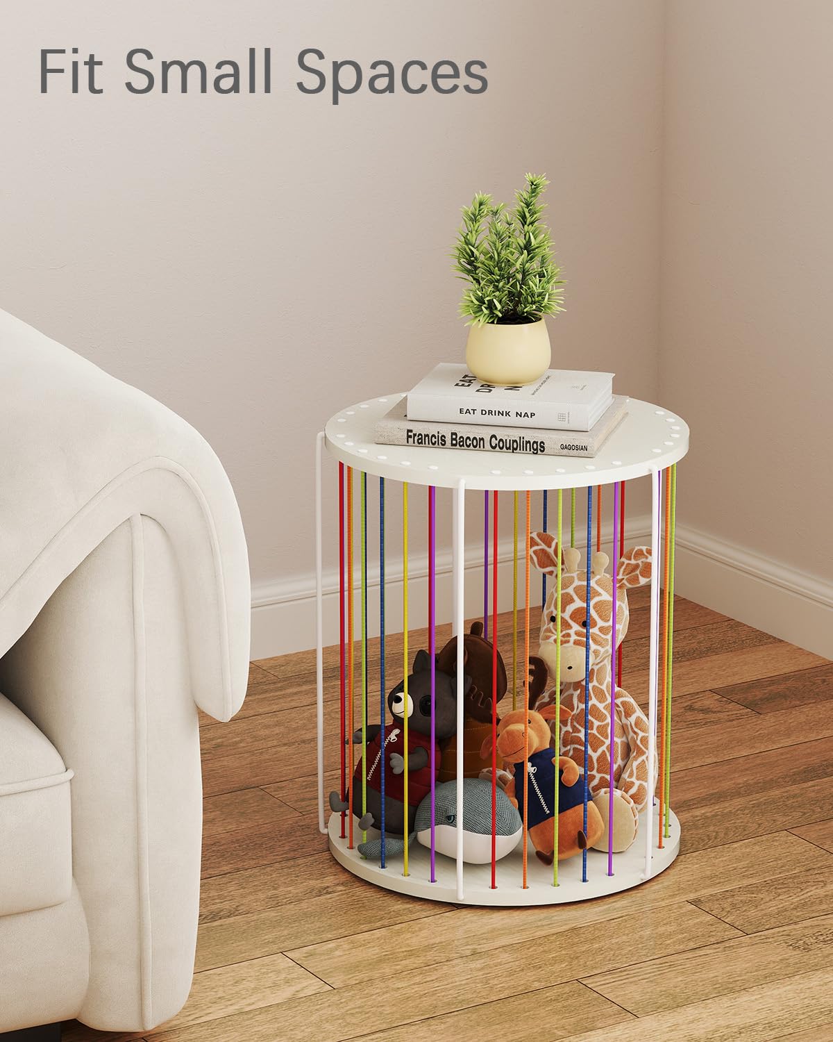 KJGKK Round Side Table, Circle End Table with Elastic Rope and Wire Frame, Modern Nightstand, for Living Room, Bedroom, Color & White
