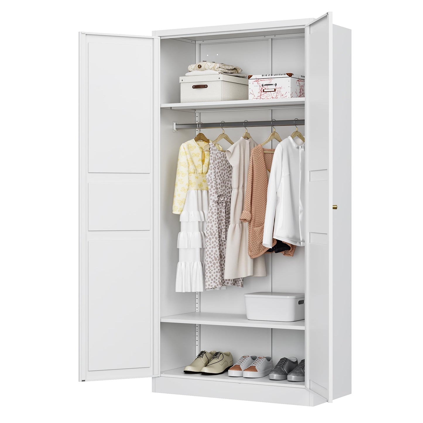 BYNSOE Metal Armoire Wardrobe Closet with 2 Doors 72'' Wardrobe Cabinet with Hanging Rail Metal Closet with Adjustable Shelves for Bedroom Require Assembly(White, 72inch)