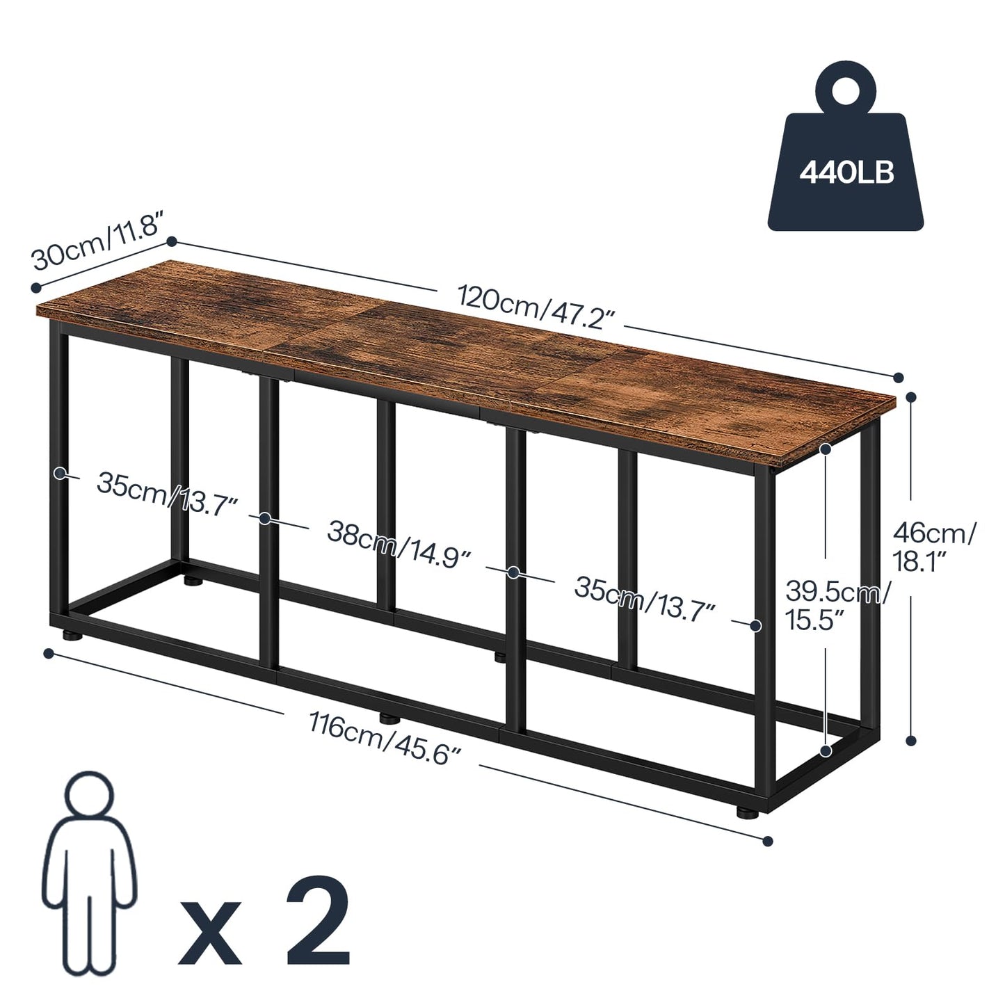 HOOBRO Dining Bench, 47.2 Inch Dining Table Bench, Industrial Style Kitchen Bench, Steel Frame, Easy to Assemble, for Kitchen, Dining Room, Rustic Brown and Black BF45CD01