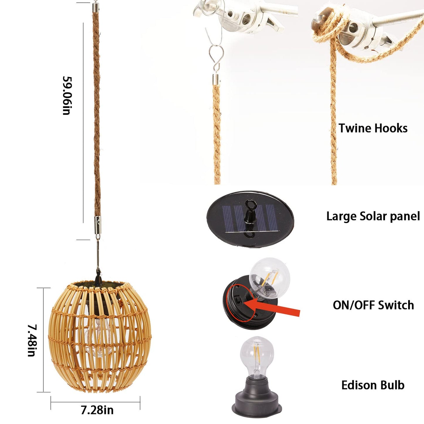 Livinlarge Hanging Solar Lantern Outdoor Waterproof, Large Solar Rattan Lantern Outdoor with Twine Handle, Bright Outdoors Hanging Lights with Edison Bulb for Garden Patio Yard Decoration