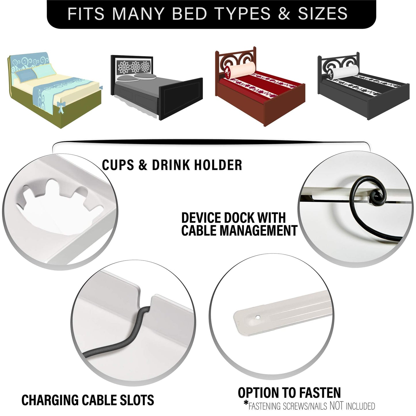Aleratec Bedside Shelf and Mattress Tray Nightstand with Built in Cup Holder and Tablet or Phone Slot | Night Accent Table Bed Stand - White