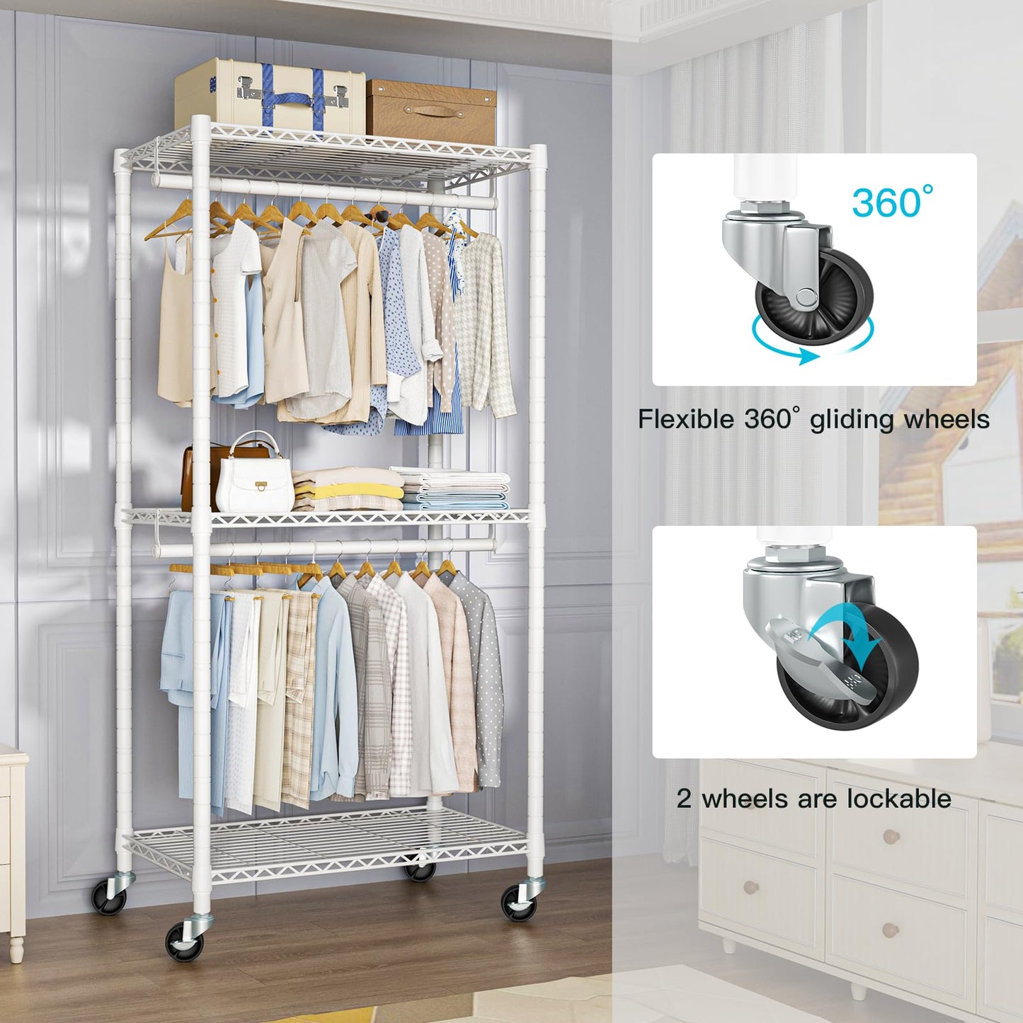 FUTASSI P1 Medium Heavy-Duty Portable Closet, 30" W x 14" D x 76" H, Metal Rolling Clothing Rack, White