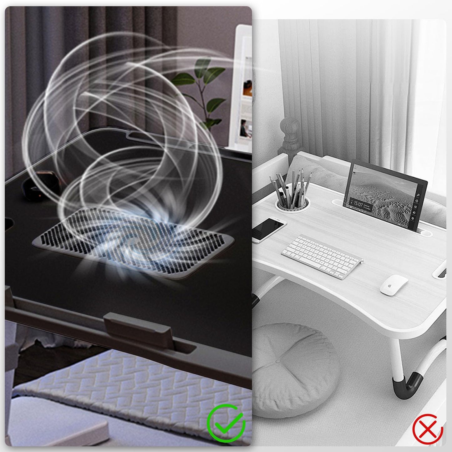 iXTRA Laptop Lap Desk with Cooling Fan - Adjustable with Light, USB, Storage Drawer - Folding Bed Desk,23.62"*15.74",Black