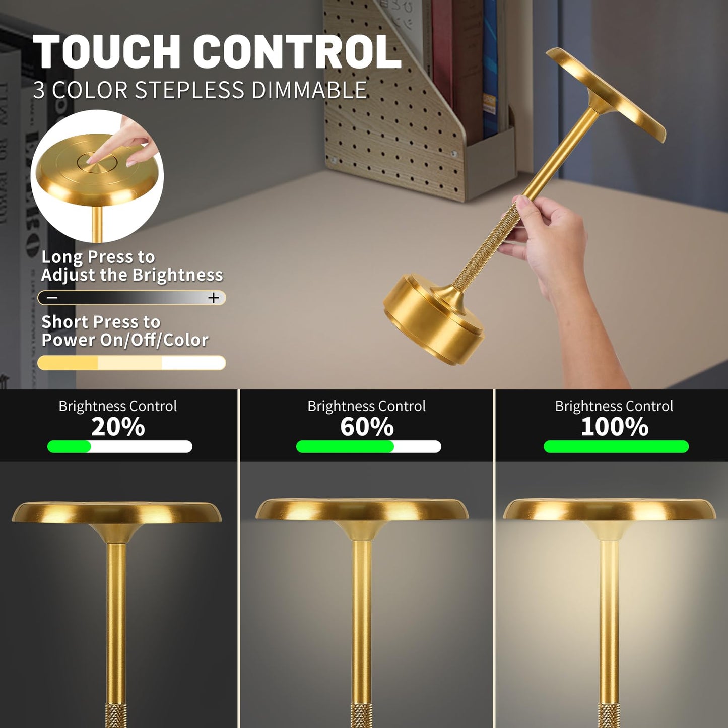 HAPYGI 5200mAh Rechargeable Cordless LED Table Lamps Touch Sensor Light, 3-Levels Portable Dimming Wireless Battery Operated Lamp,Night Light/Restaurant Table/Outdoor/Coffee/Bar (Gold)