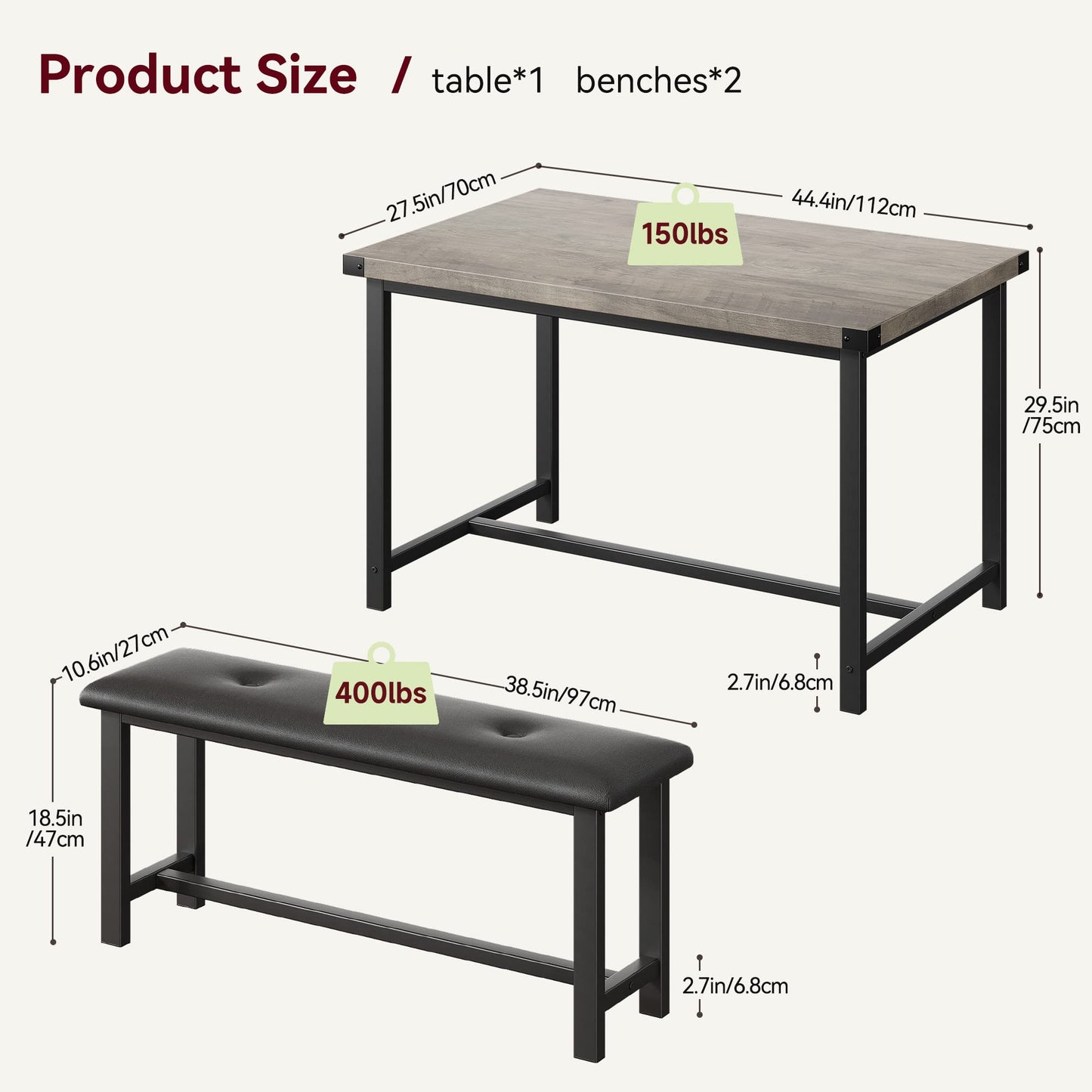 GAOMON Dining Table Set for 4, Kitchen Table with Benches, Rectangular Dining Room Table Set with 2 Upholstered Benches, 3 Piece Kitchen Table Set for Small Space, Apartment, Studio, Retro Grey