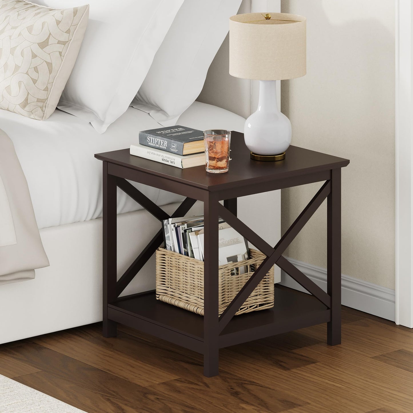 ChooChoo End Table, 24 Inch End Table with 2-Tier Storage Shelf, Side Table for Living Room, Wood Nightstand for Bedroom, Office, Painted Surface, Espresso