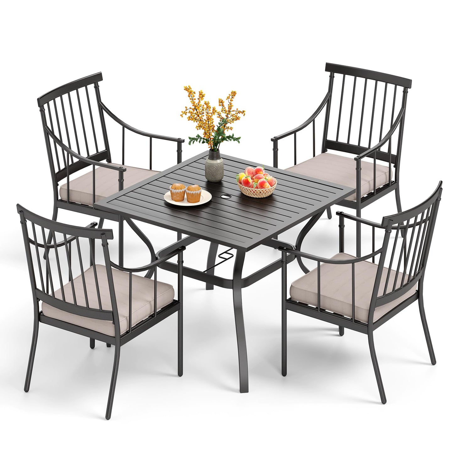 PHI VILLA 5 Piece Outdoor Dining Set with Cushion, 37” Square Metal Dining Table with Umbrella Hole & 4 Cushioned Steel Chairs for Patio, Deck, Yard